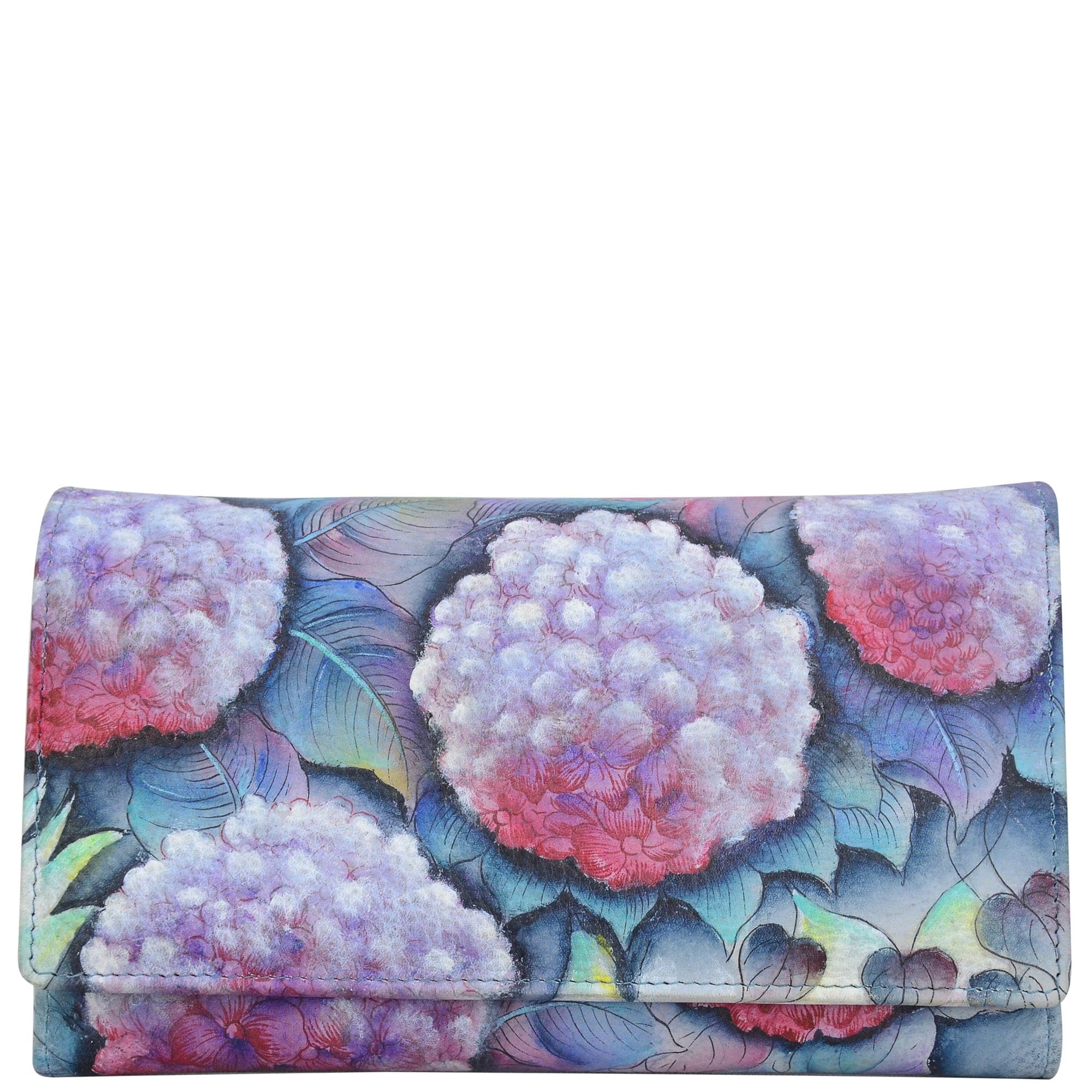Anuschka Style 1042, handpainted Checkbook Clutch Wallet. Hypnotic Hydrangeas painting