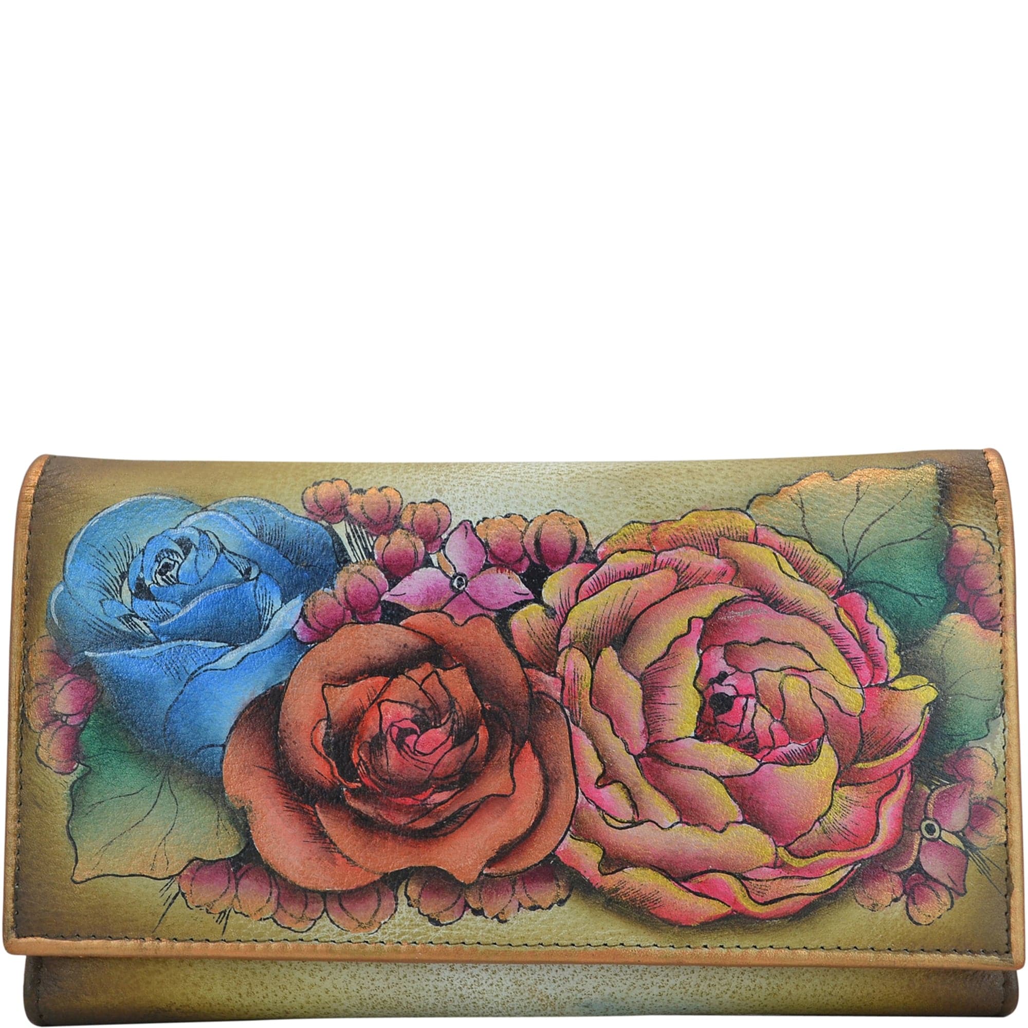 Anuschka Style 1042, handpainted Checkbook Clutch Wallet. Lush Lilac Bronze painting