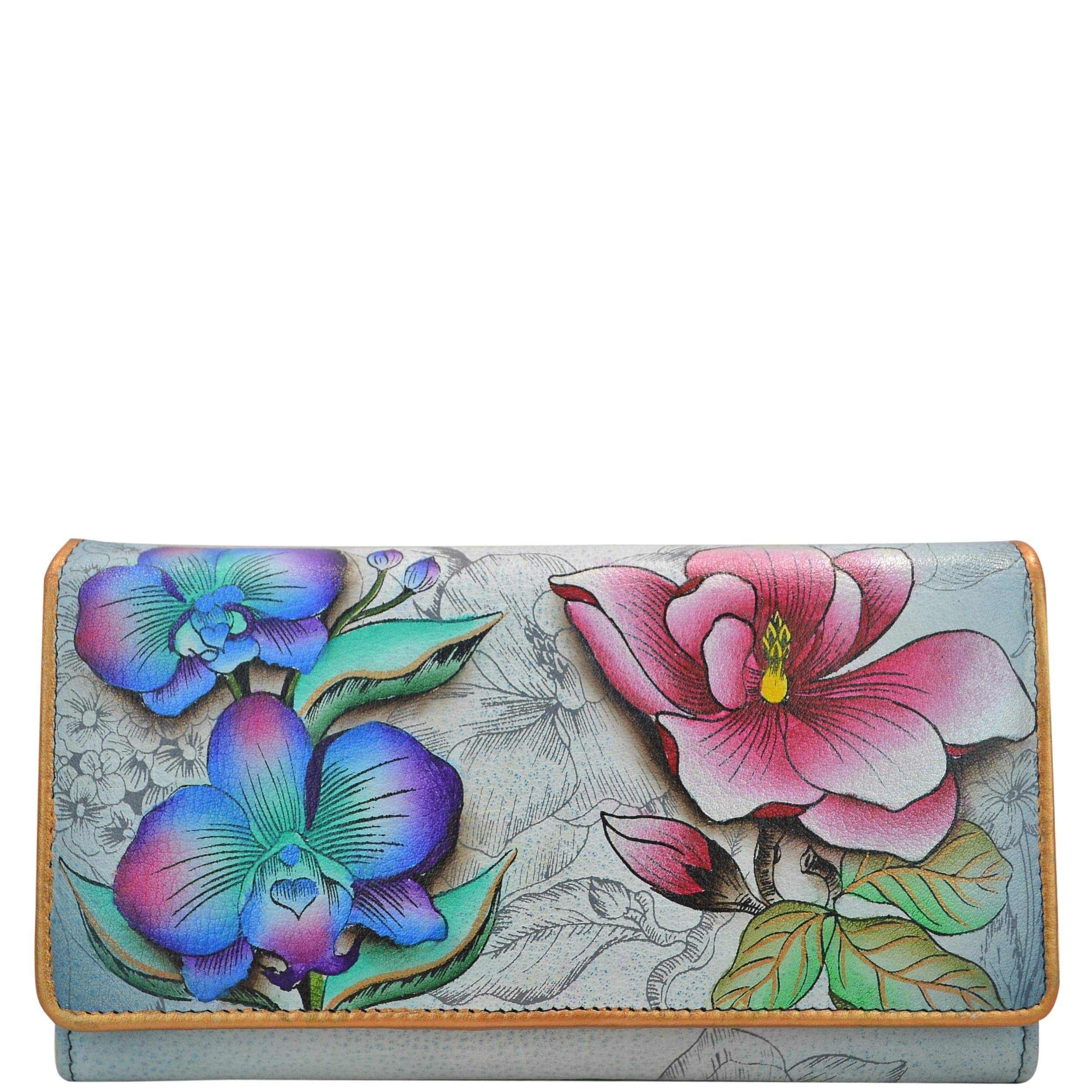 Anuschka Style 1095, handpainted Accordion Flap Wallet. Floral Fantasy painting