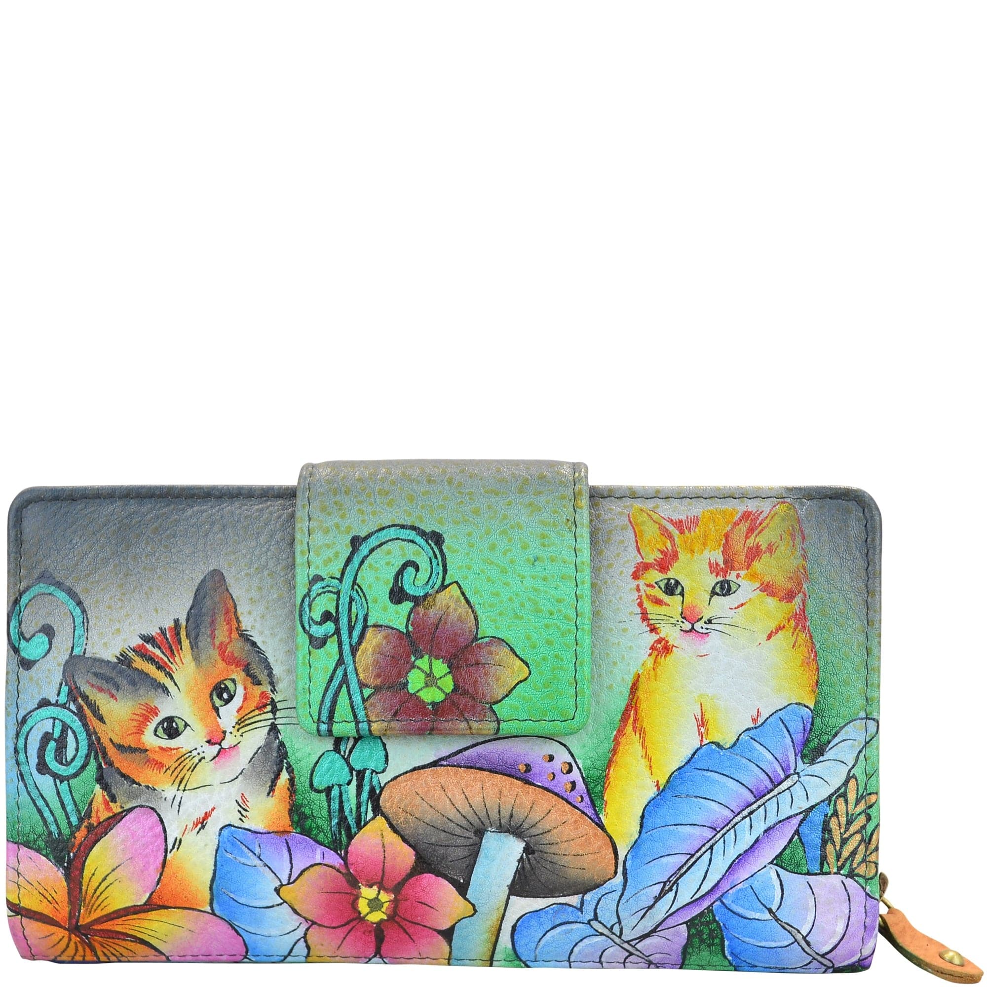 Anuschka Style 1120, handpainted Zip Around Clutch Wallet With Front Organizer. Cats in Wonderland painting