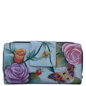 Anuschka Style 1120, handpainted Zip Around Clutch Wallet With Front Organizer. Roses D'Amour painting