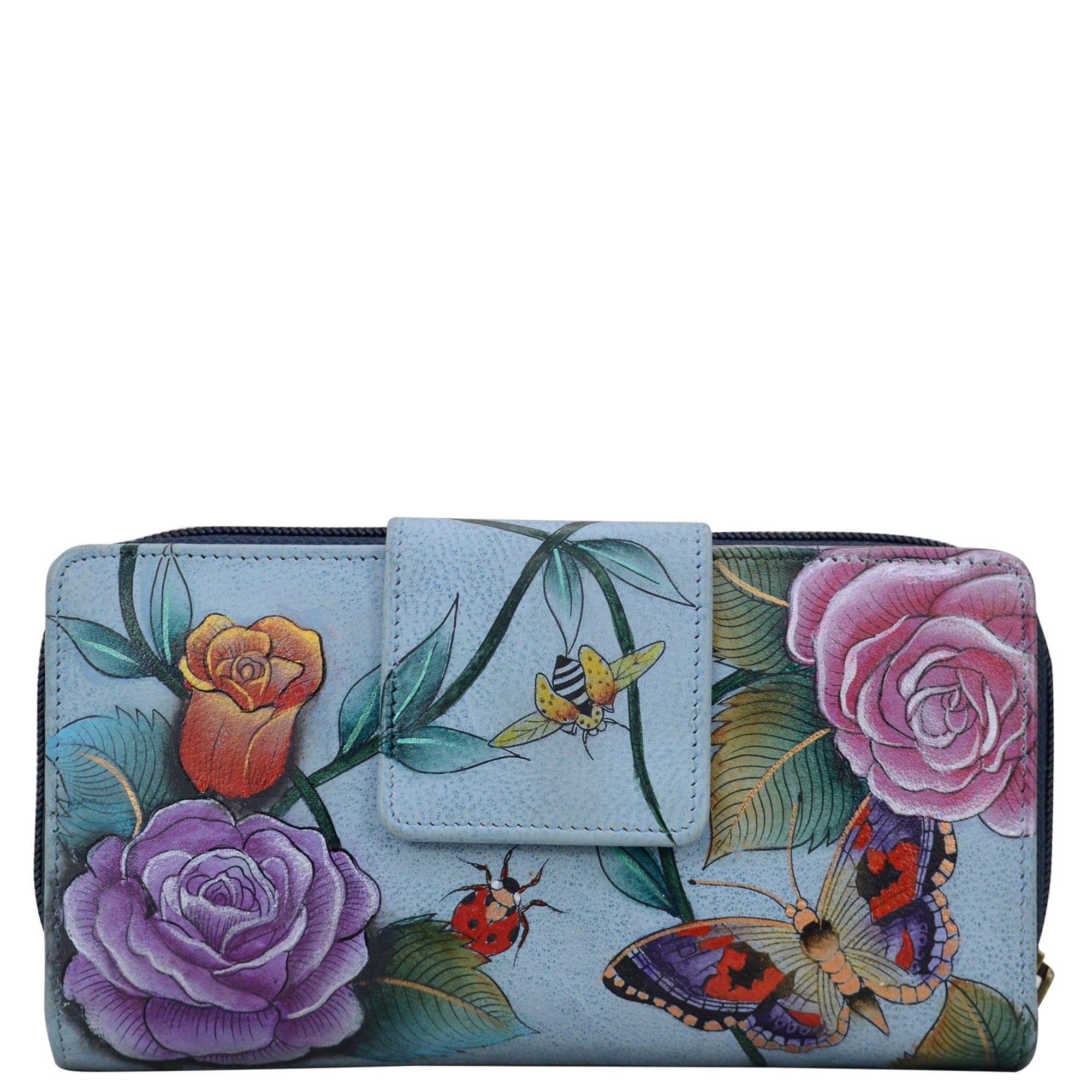 Anuschka Style 1120, handpainted Zip Around Clutch Wallet With Front Organizer. Roses D'Amour painting