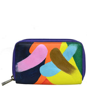Anuschka style 1125, handpainted Twin Zip Organizer Wallet. Painterly Palette painted in blue color. Featuring inside eighteen credit card holders, one bill pocket, one ID window, five multipurpose slip in pockets and one zippered pocket.