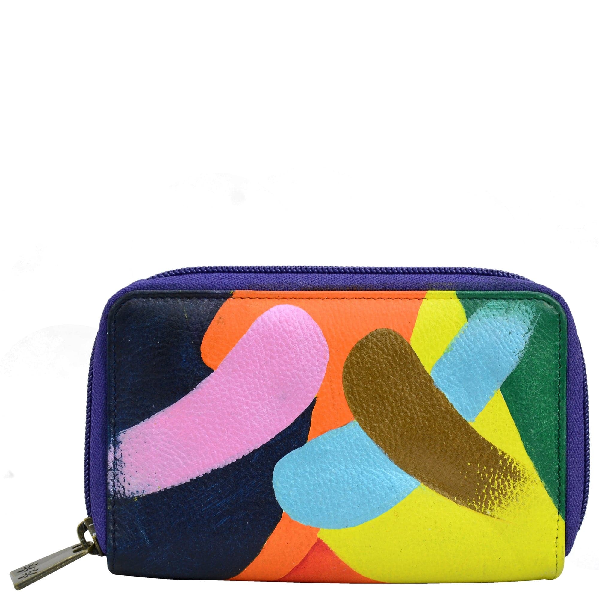 Anuschka style 1125, handpainted Twin Zip Organizer Wallet. Painterly Palette painted in blue color. Featuring inside eighteen credit card holders, one bill pocket, one ID window, five multipurpose slip in pockets and one zippered pocket.