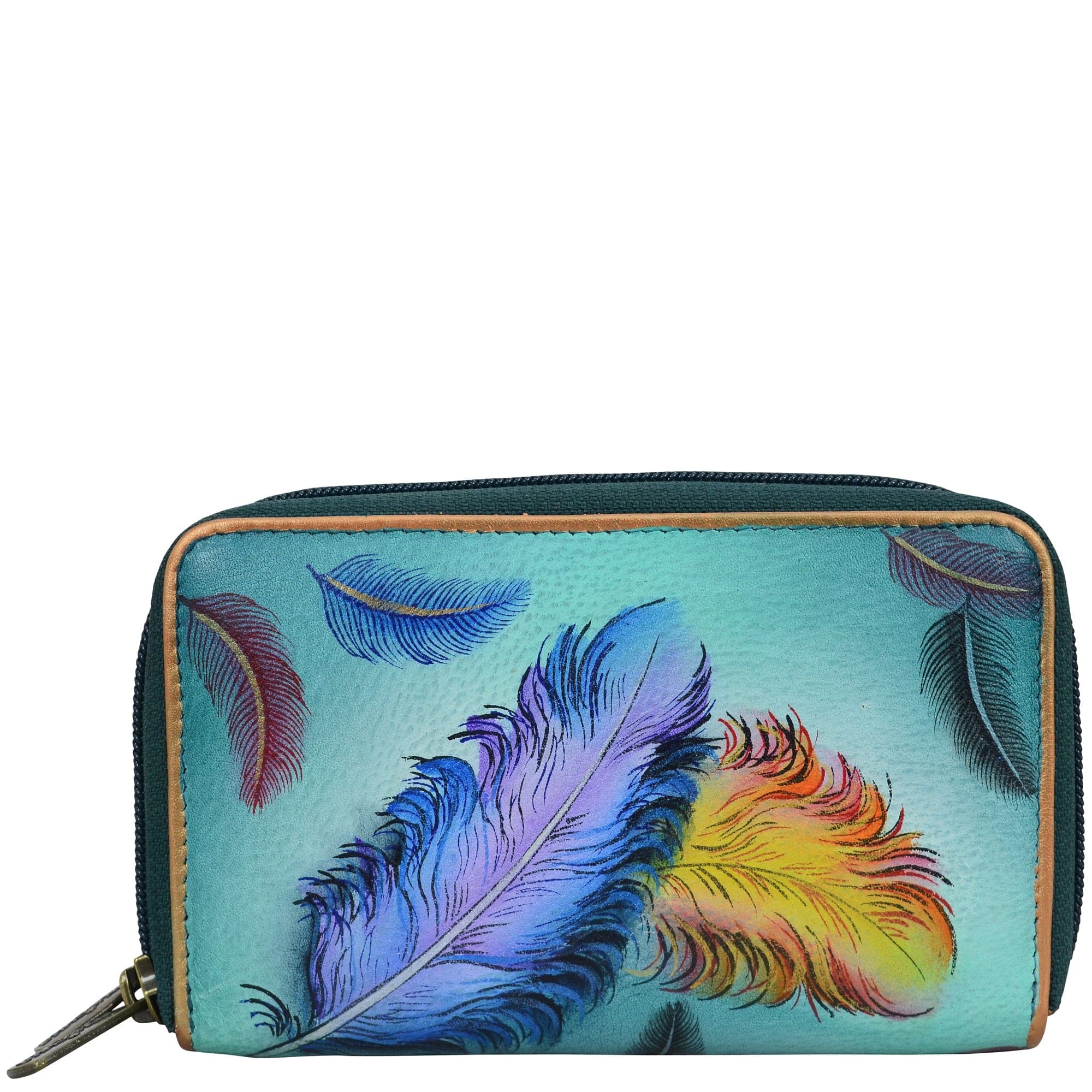 Anuschka Style 1125, handpainted Twin Zip Organizer Wallet. Floating Feathers painting