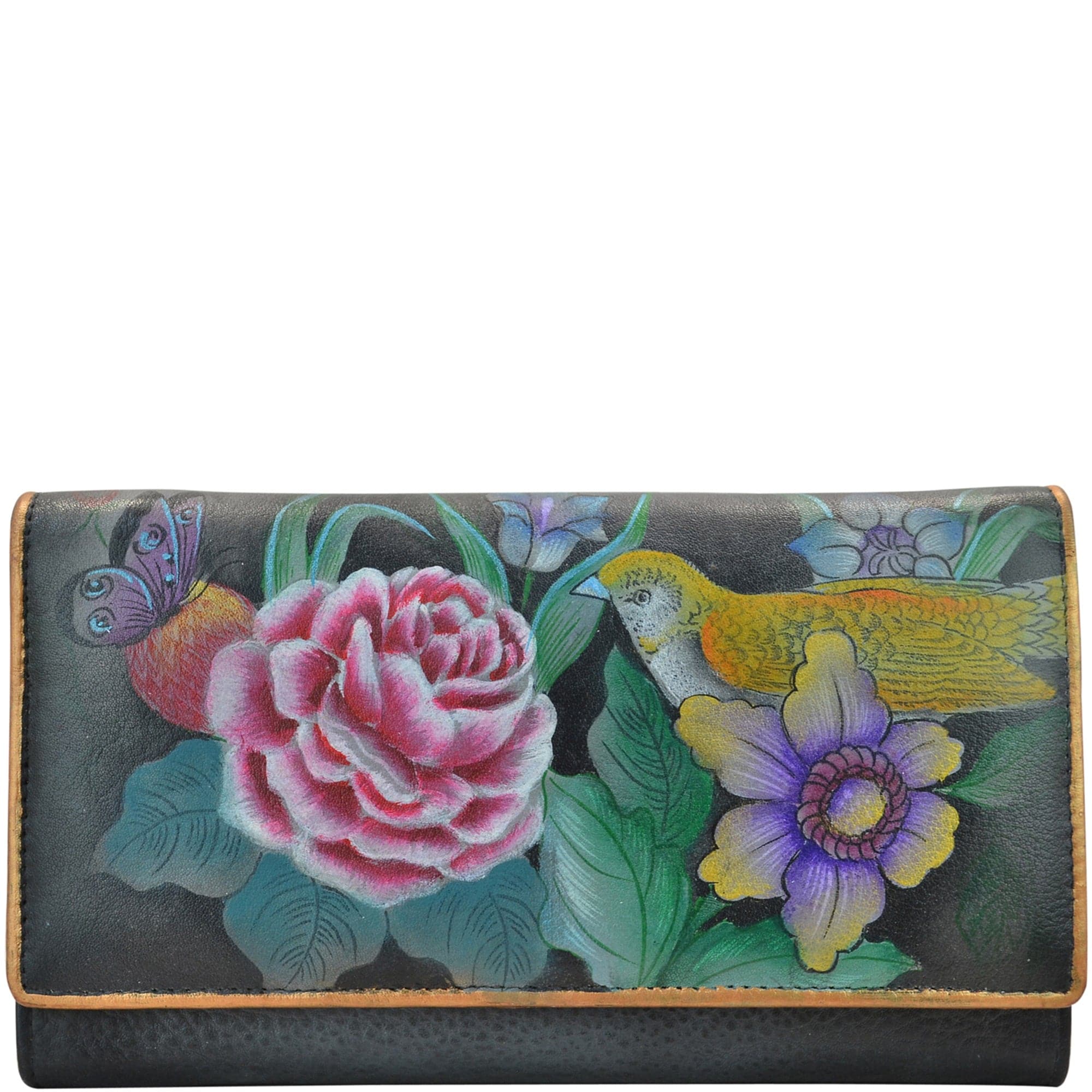 Anuschka Style 1139, handpainted RFID Blocking Two fold French Wallet. Vintage Bouquet painting