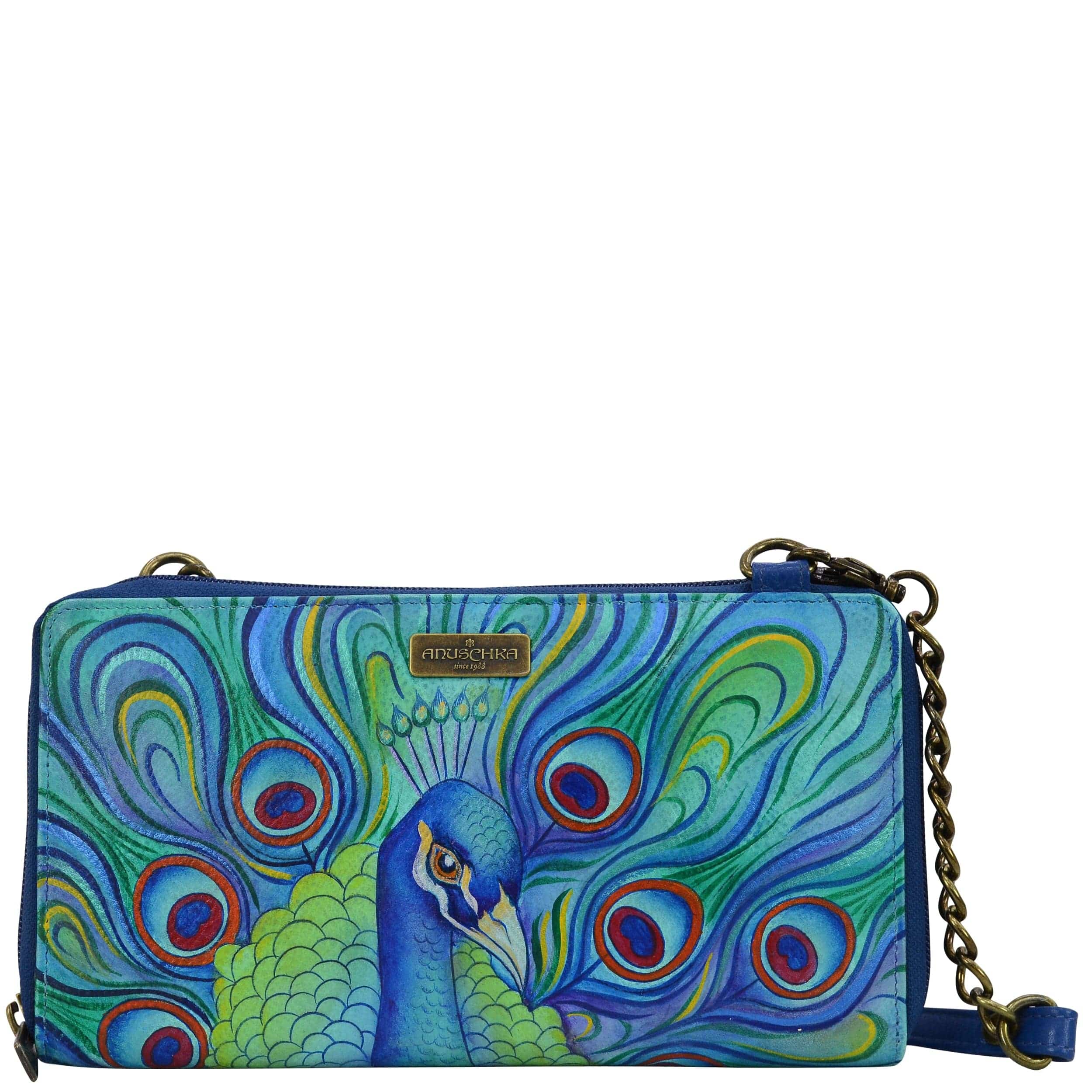 Anuschka Style 1144, handpainted Zip Around RFID Crossbody Clutch. Jeweled Plume painting