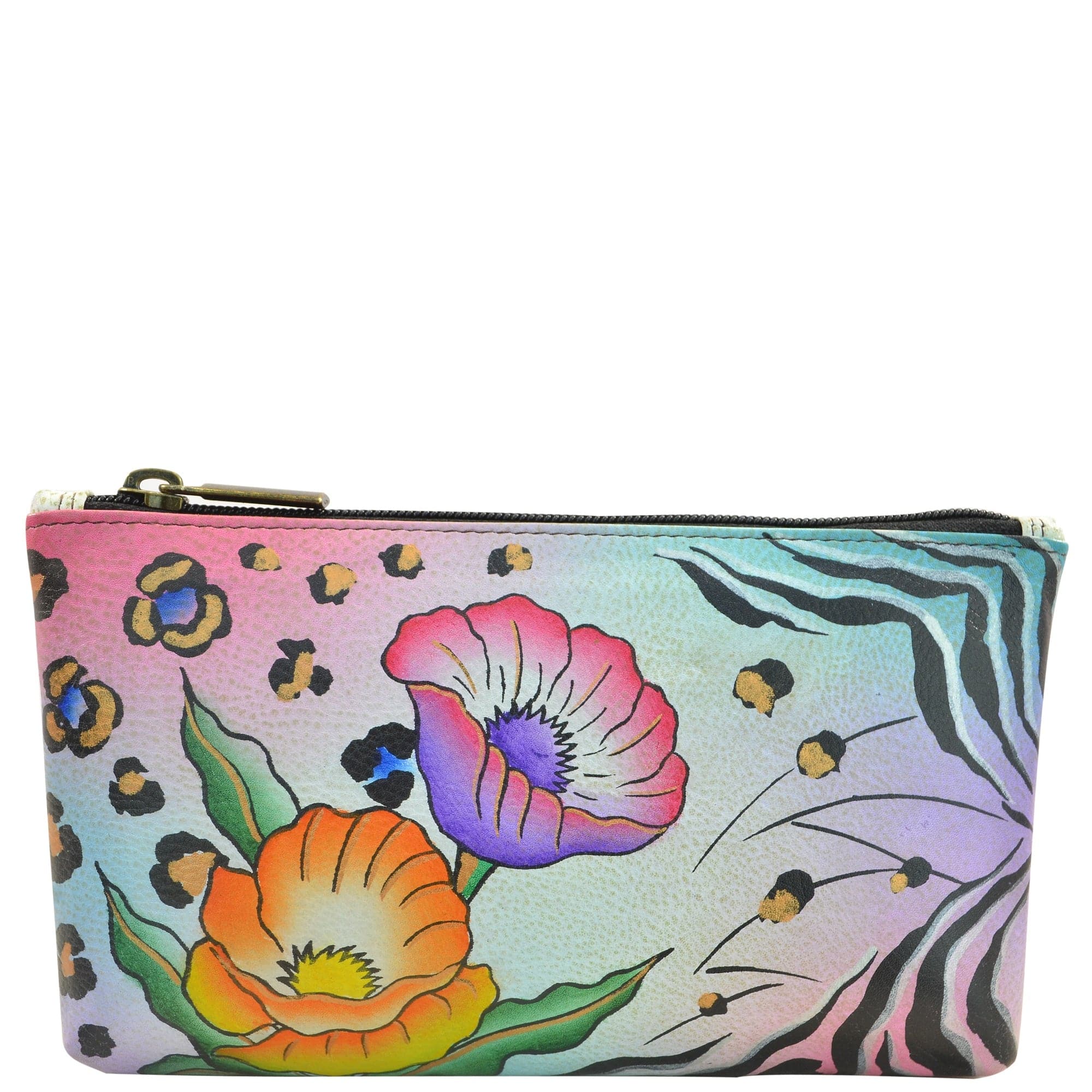 Anna by Anuschka style 1702, handpainted Cosmetic Case. Animal Flower painting in multi color. Featuring top zip entry cosmetic case.