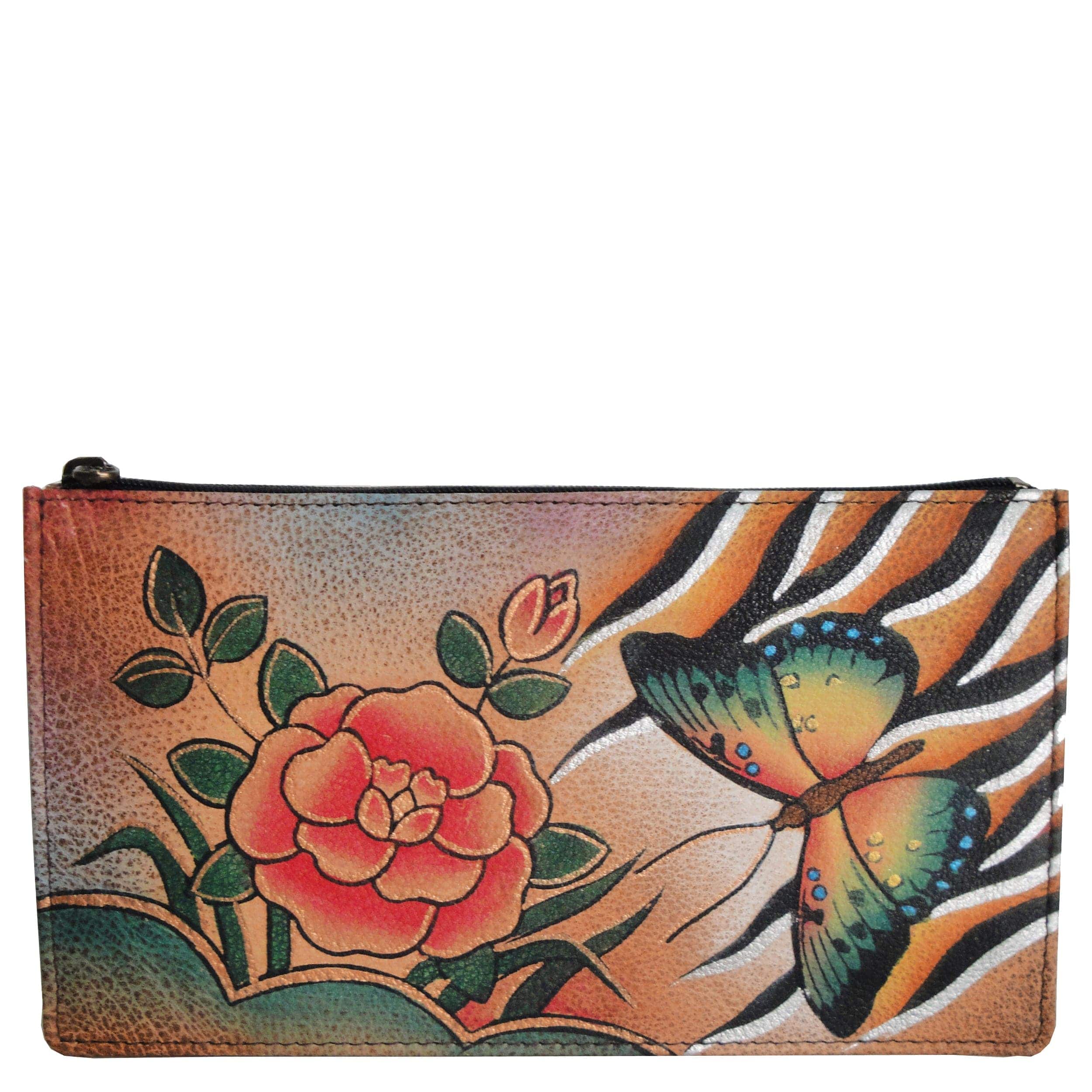 Anna by Anuschka style 1707, handpainted Organizer Wallet. Antique Rose Safari painting in multi color. Featuring seven credit card holders and ID window.