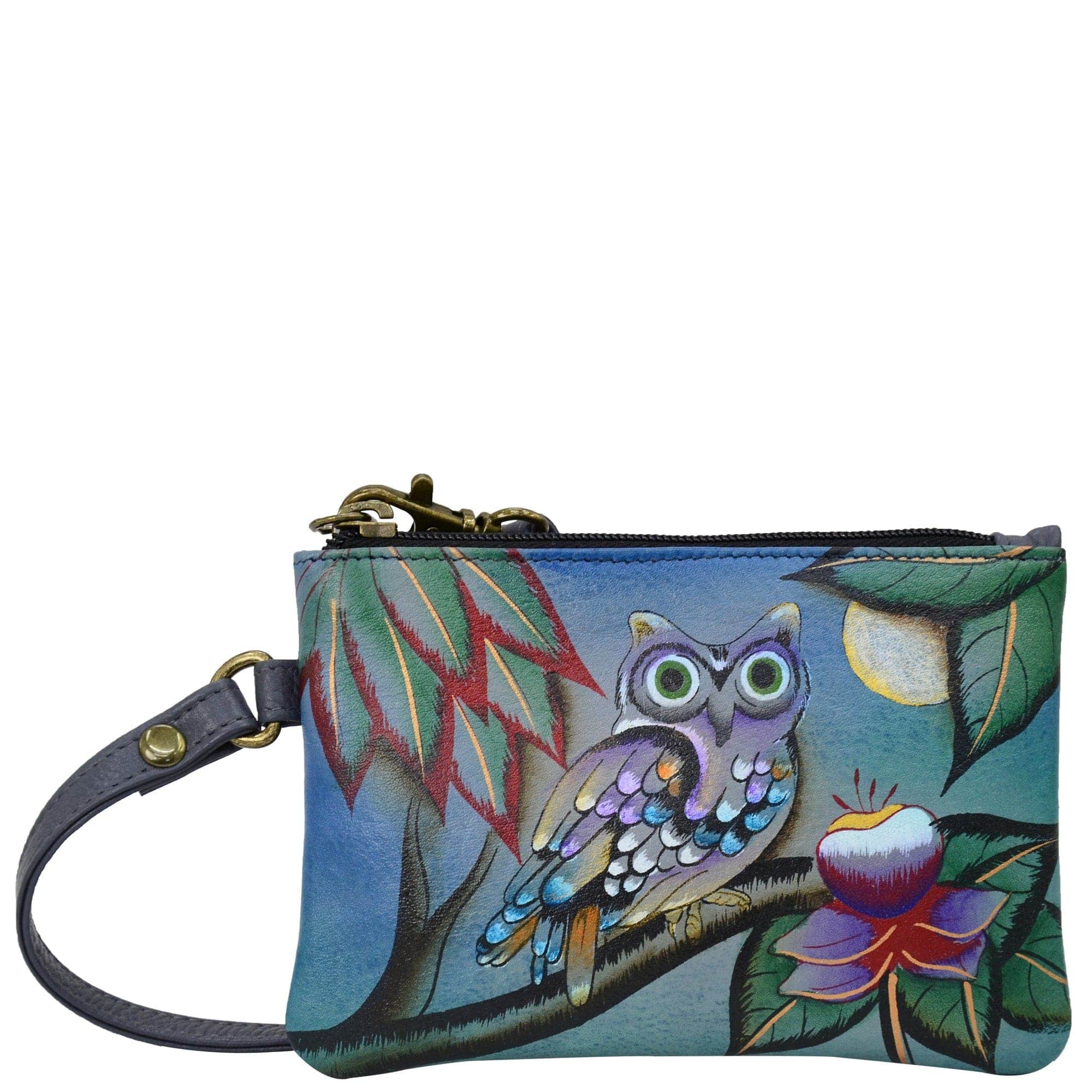 Anna by Anuschka style 1828, handpainted Coin Purse. Midnight Owl painting in multi color. Featuring detachable wrist strap.