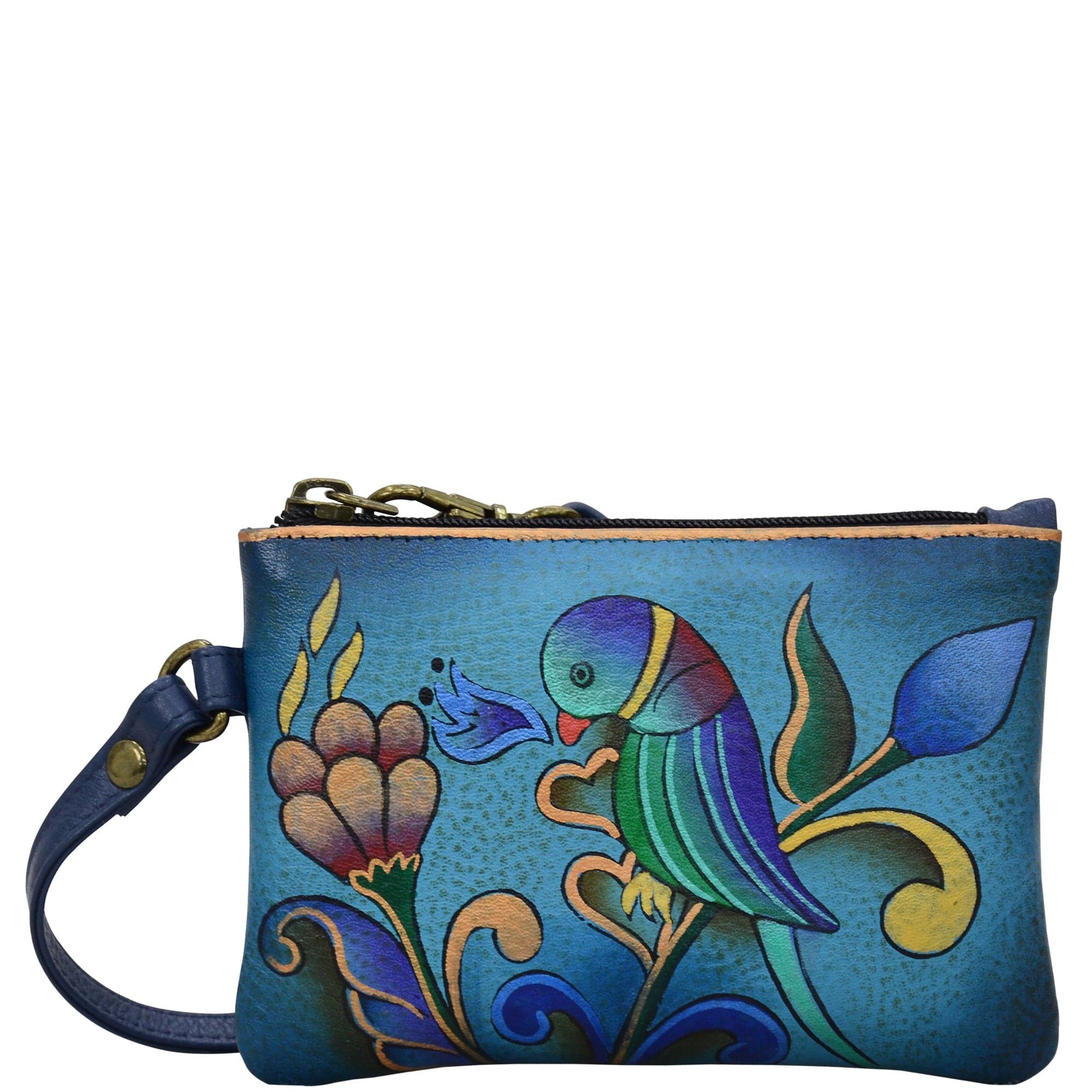 Anna by Anuschka style 1828, handpainted Coin Purse. Portuguese Parrot Denim painting in blue color. Featuring detachable wrist strap.