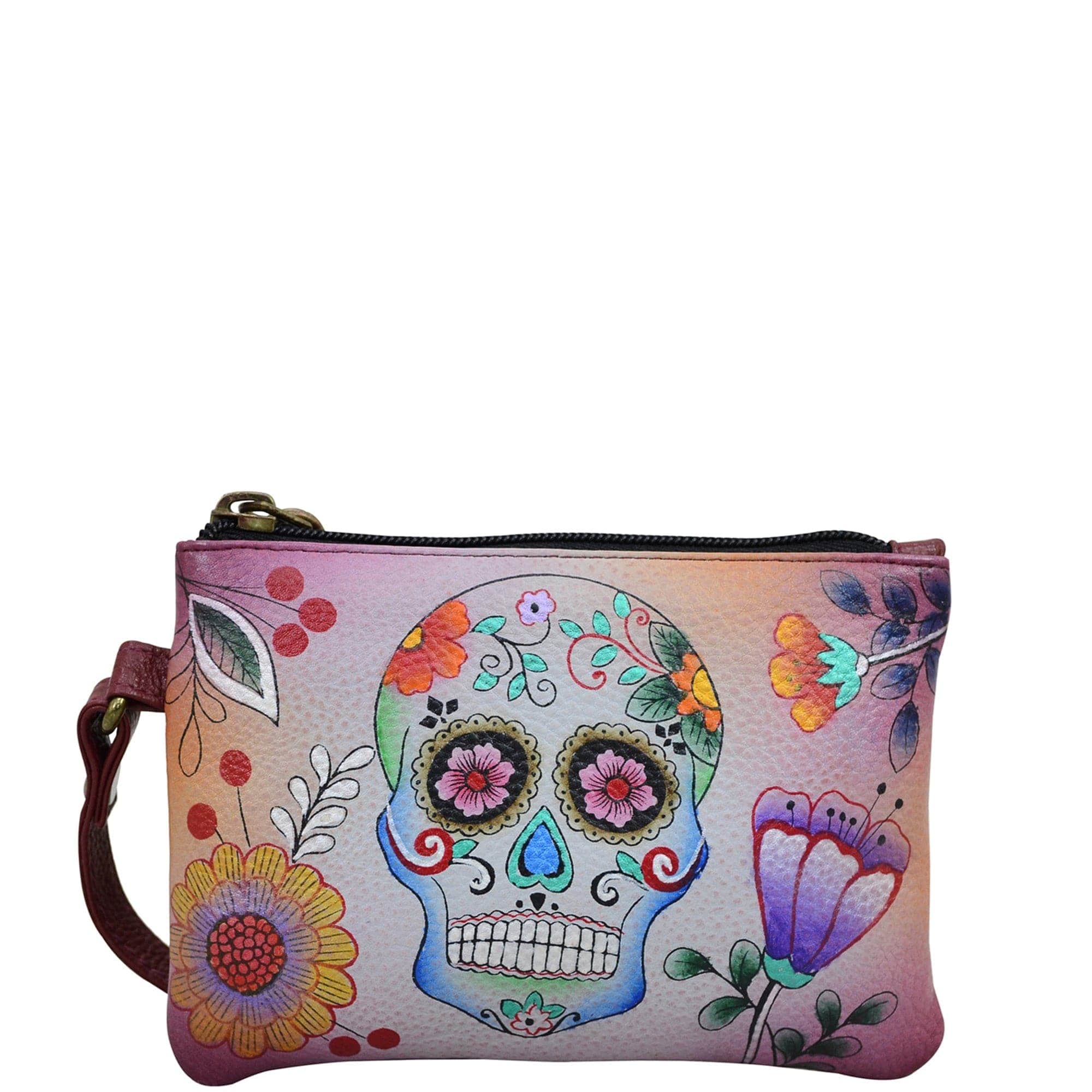 Anna by Anuschka style 1828, handpainted Coin Purse. Sugar Skulls painting in red/wine color. Featuring detachable wrist strap.