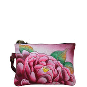 Anna by Anuschka style 1828, handpainted Coin Purse. Precious Peony painting in pink/peach color. Featuring detachable wrist strap.