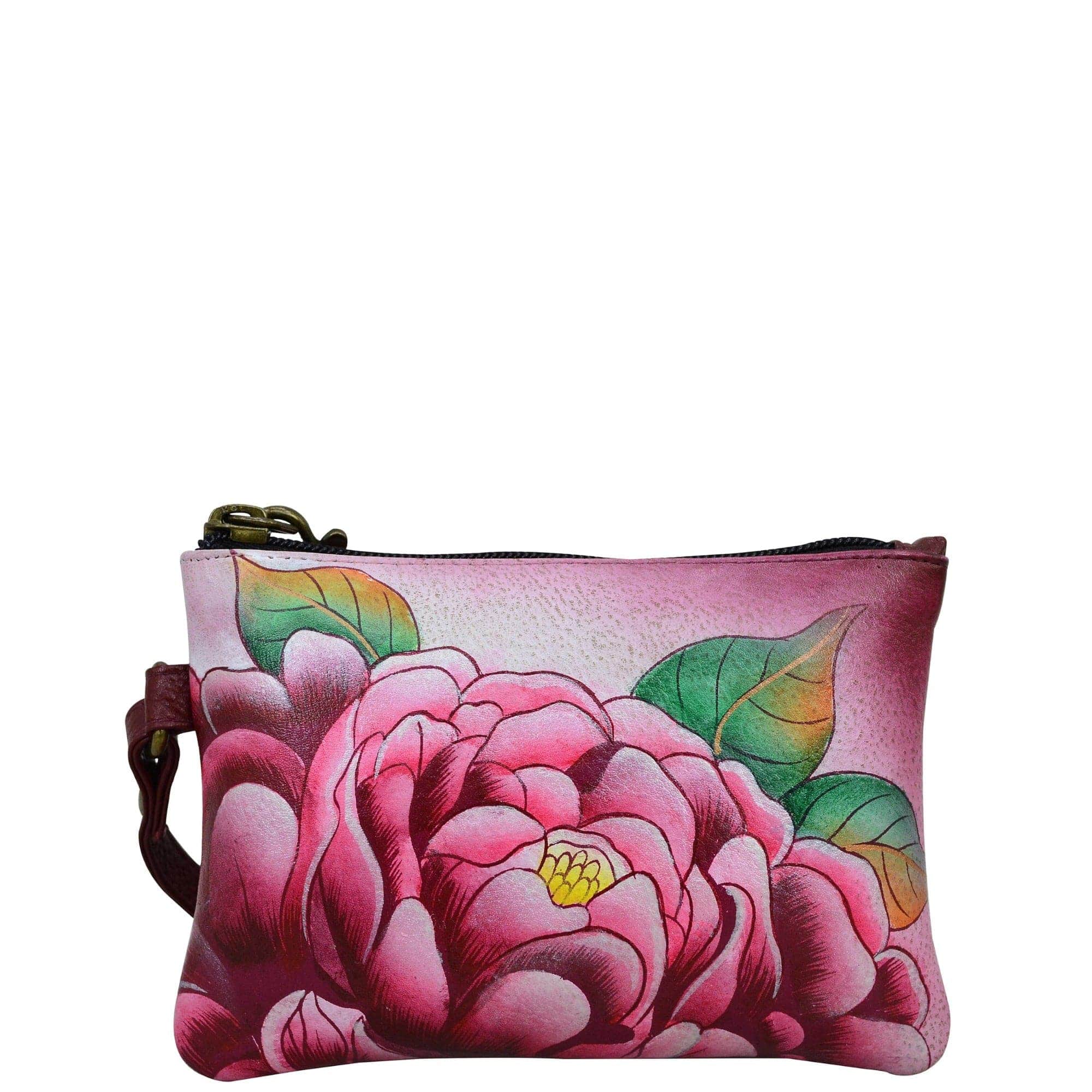 Anna by Anuschka style 1828, handpainted Coin Purse. Precious Peony painting in pink/peach color. Featuring detachable wrist strap.