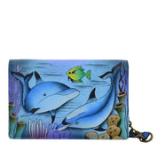 Anna by Anuschka style 1843, handpainted Two Fold Wallet On A String. Playful Dolphin painting in blue color. Featuring removable strap and credit card holders.