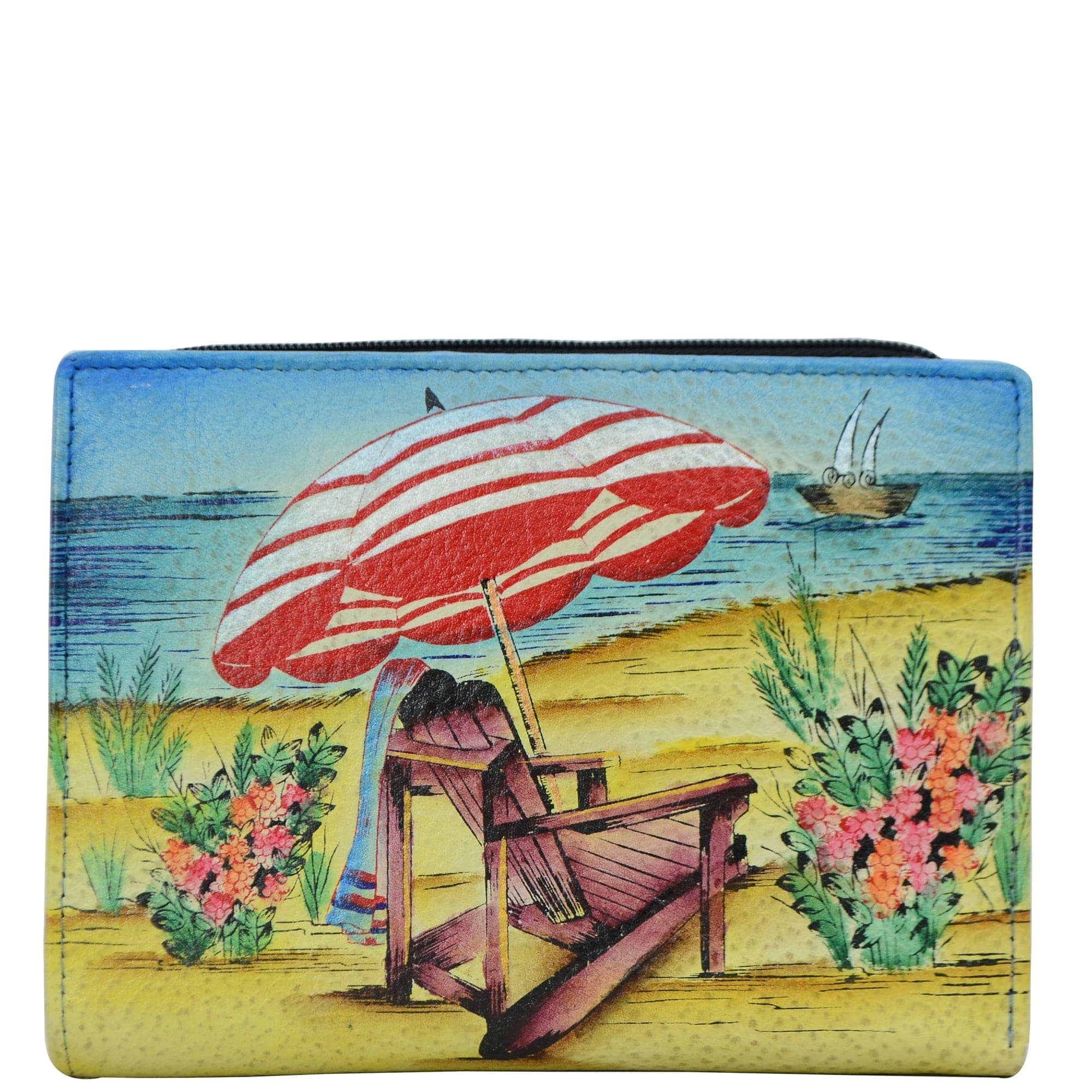 Anna by Anuschka style 1854, handpainted Two Fold Clutch Wallet. Life is a Beach painting in multi color. Featuring eleven credit card holder, one ID window.