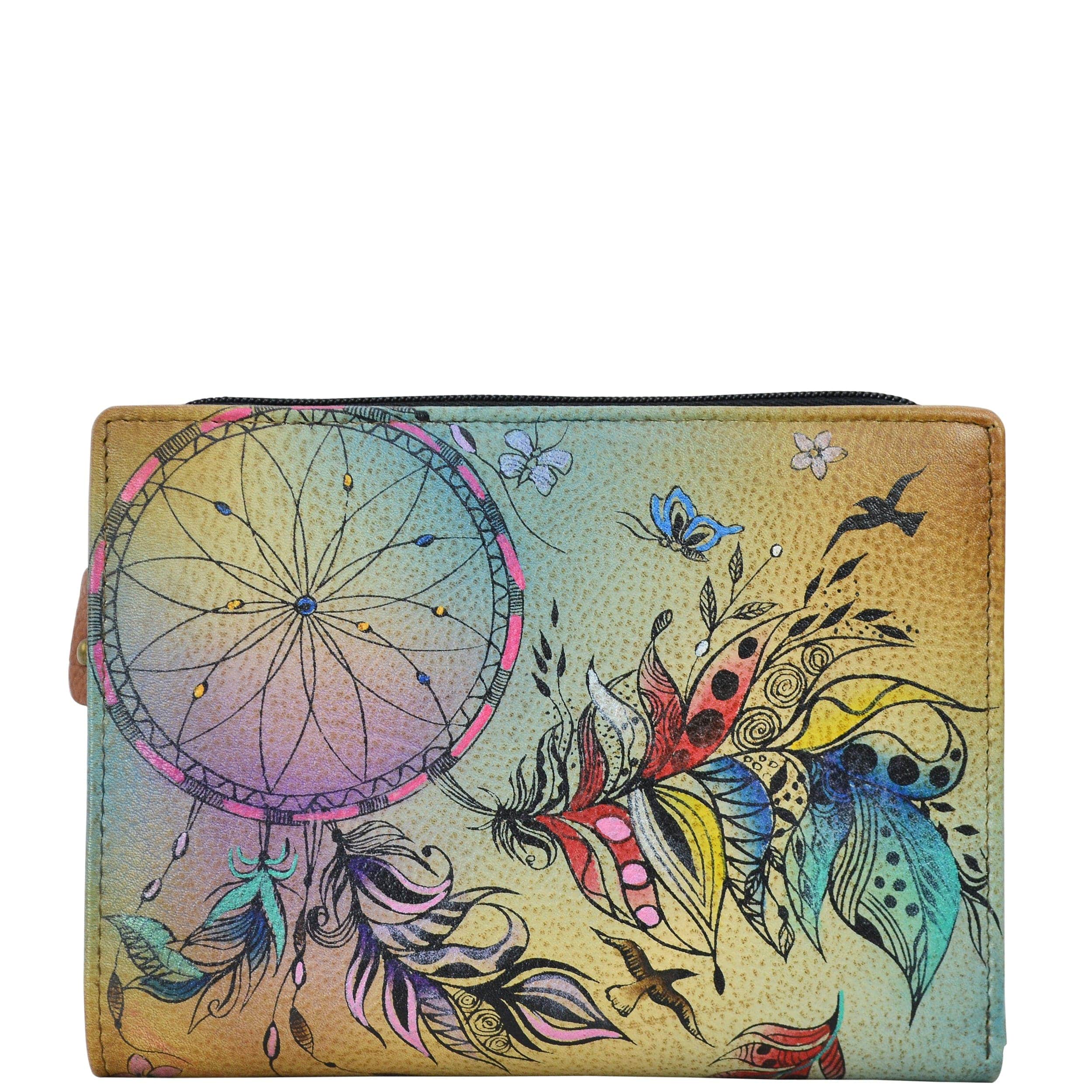 Anna by Anuschka style 1854, handpainted Two Fold Clutch Wallet. Sweet Dreams painting in tan color. Featuring eleven credit card holder, one ID window.