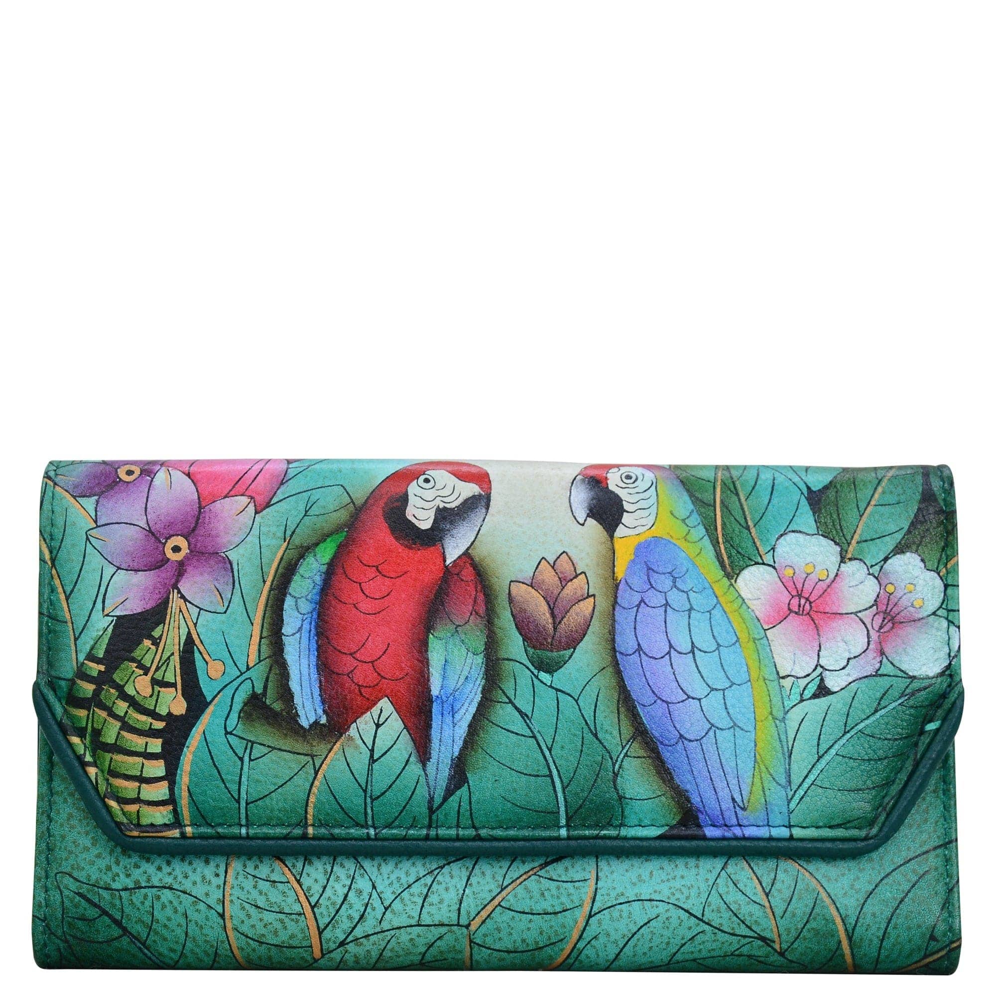 Anna by Anuschka style 1855, handpainted Checkbook Clutch Wallet. Brazilian Beauties painting in green/mint color. Featuring removable checkbook holder with six credit card holders and one ID window.
