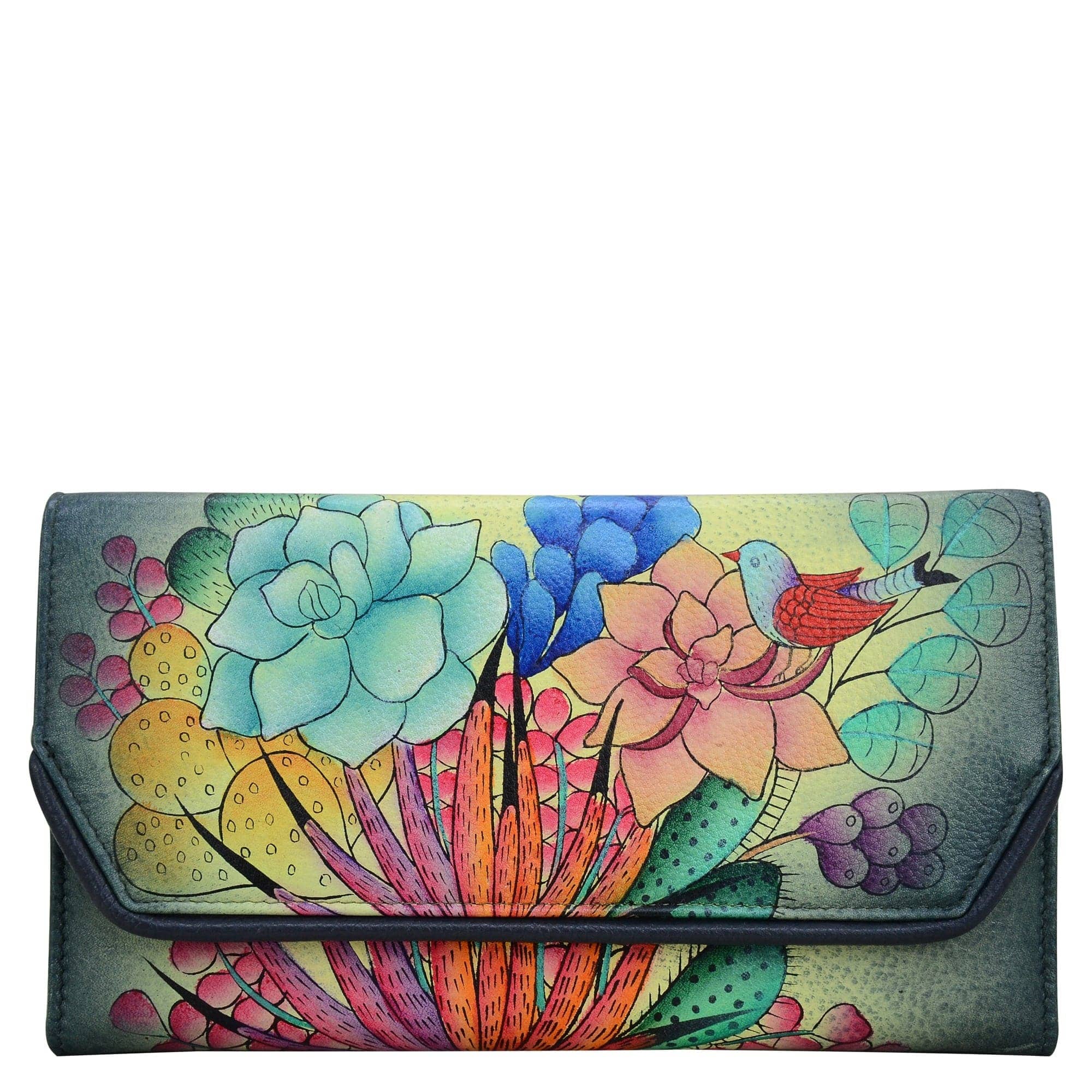 Anna by Anuschka style 1855, handpainted Checkbook Clutch Wallet. Succulent Dreams painting in grey color. Featuring removable checkbook holder with six credit card holders and one ID window.