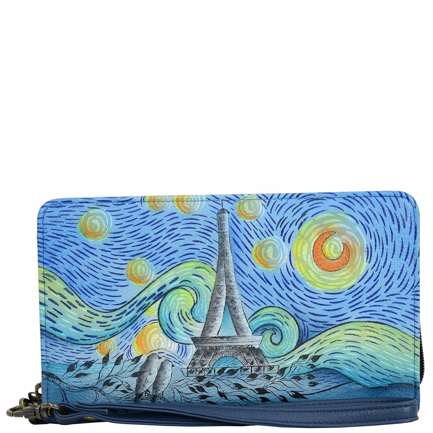 Anna by Anuschka style 1859, handpainted Clutch Wallet. Love In Paris painting in blue color. Featuring removable strap and credit card holders.