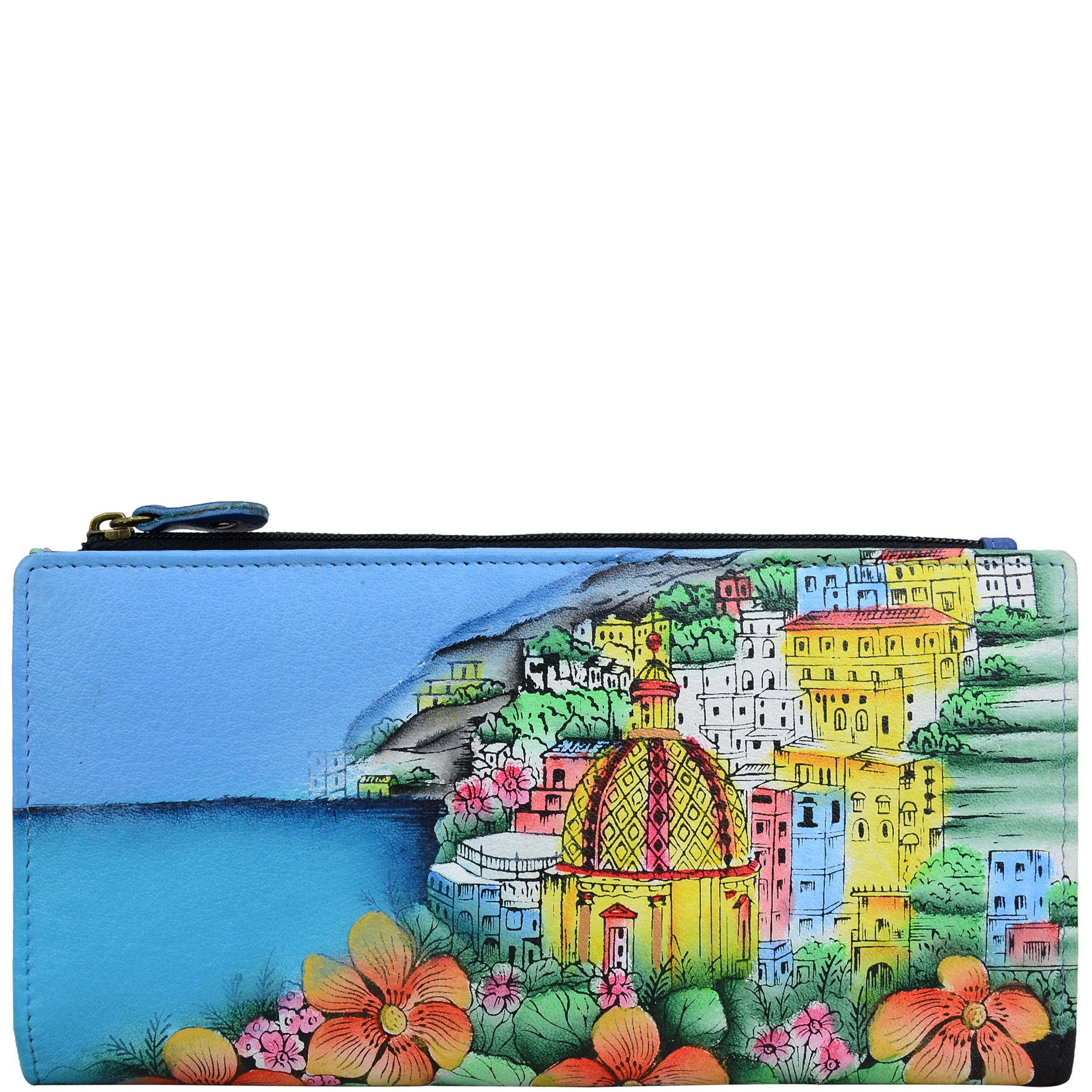 Anna by Anuschka style 1869, handpainted Two Fold Clutch Wallet. Amalfi Dawn painting in blue color. Featuring twelve credit card holders and one id window.