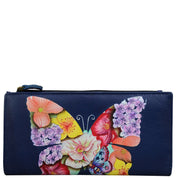 Anna by Anuschka style 1869, handpainted Two Fold Clutch Wallet. Butterfly Mosaic painting in blue color. Featuring twelve credit card holders and one id window.