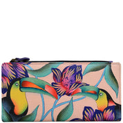 Anna by Anuschka style 1869, handpainted Two Fold Clutch Wallet. Tropical Toucan painting in pink/peach color. Featuring twelve credit card holders and one id window.