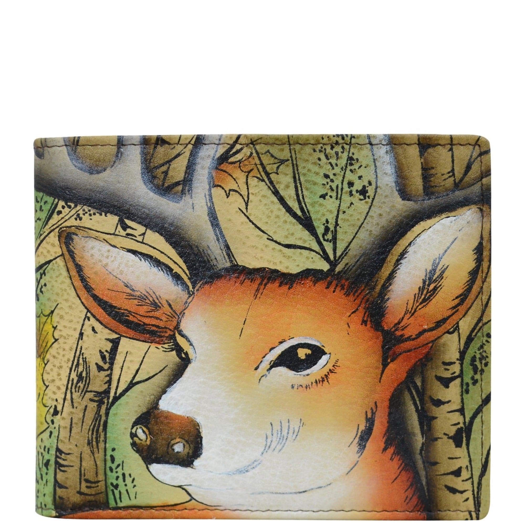 Anuschka Style 3003, handpainted Two Fold Men's Wallet. Forest Buck painting
