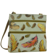 Floating Feathers Ivory Medium Crossbody With Double Zip Pockets - 447