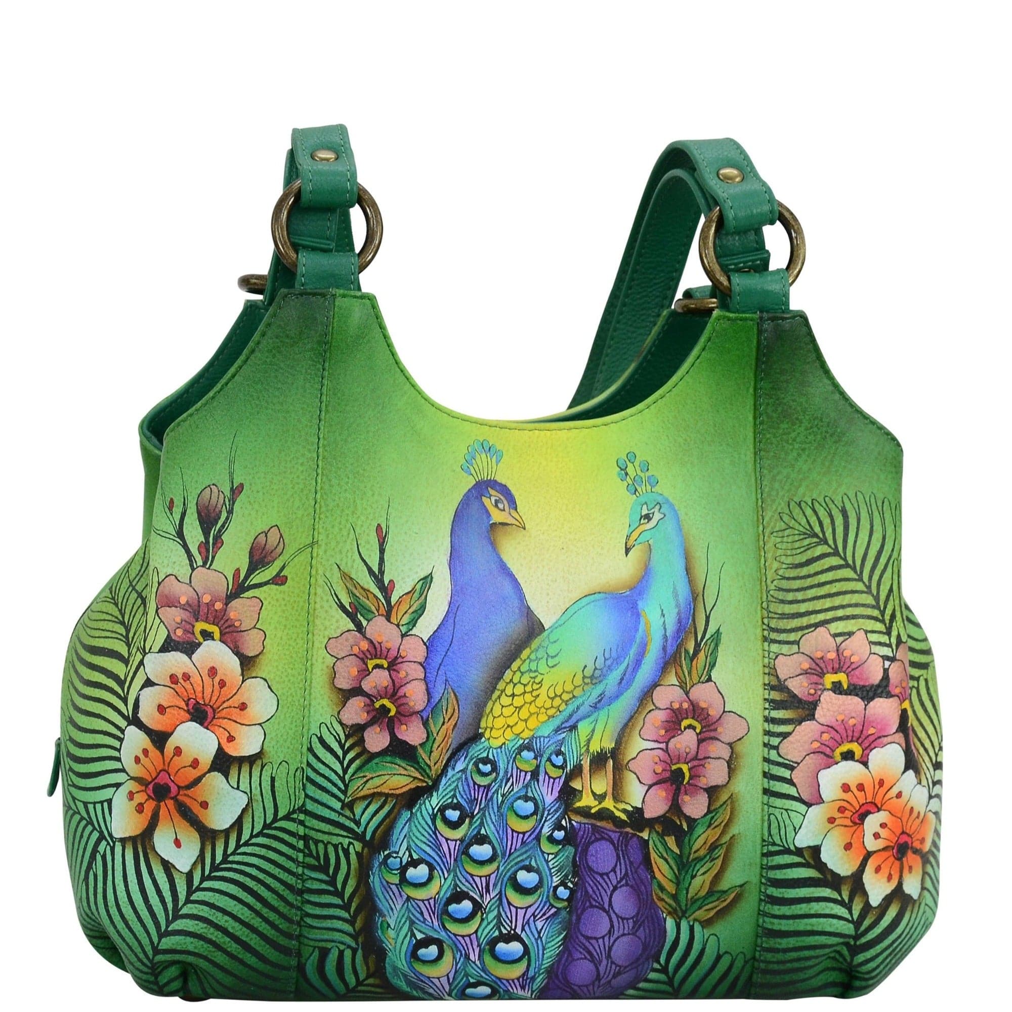 Anuschka Style 469, handpainted Triple Compartment Satchel. Passionate Peacocks painting