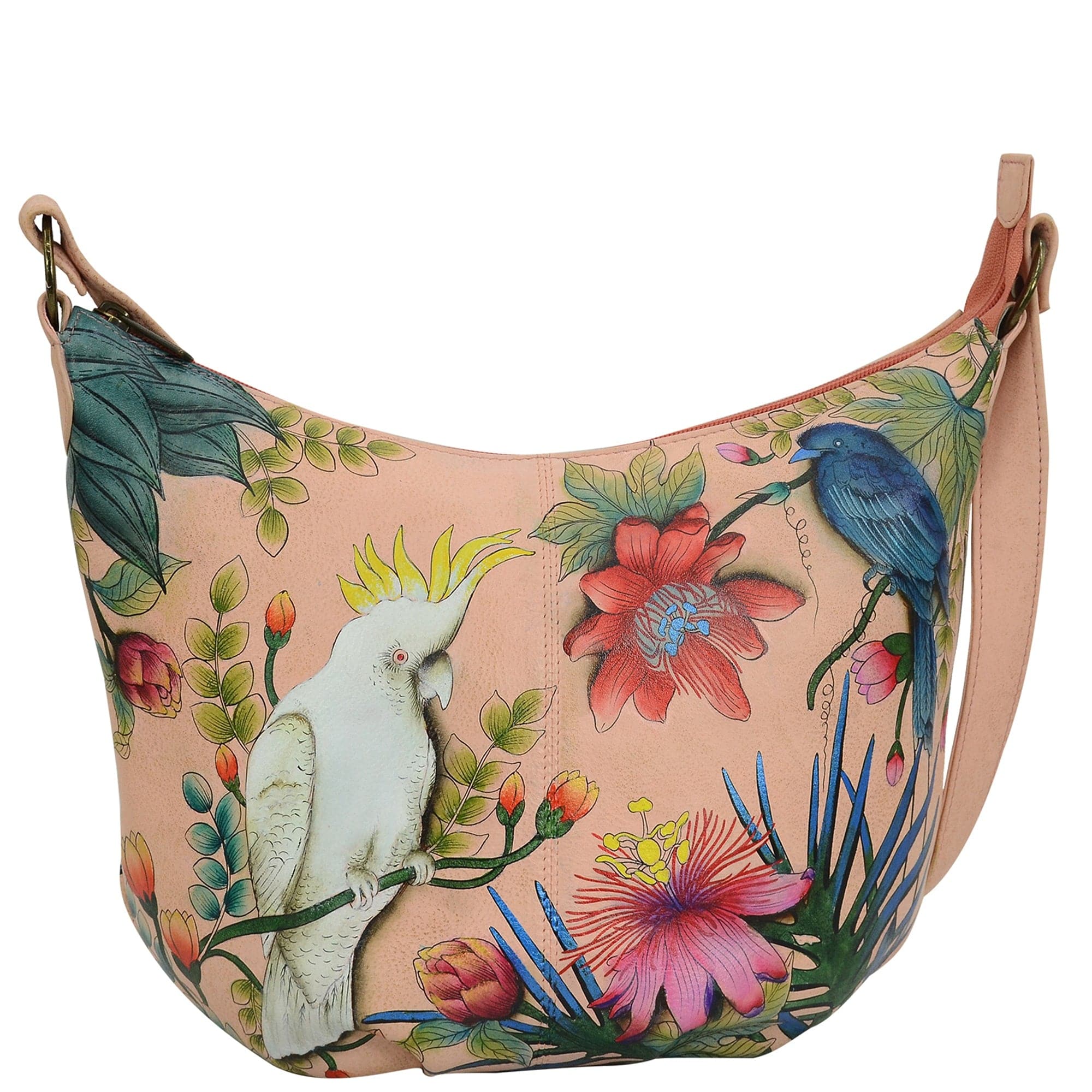 Anuschka Style 471, handpainted Classic Ruched Hobo. Cockatoo Sunrise painting