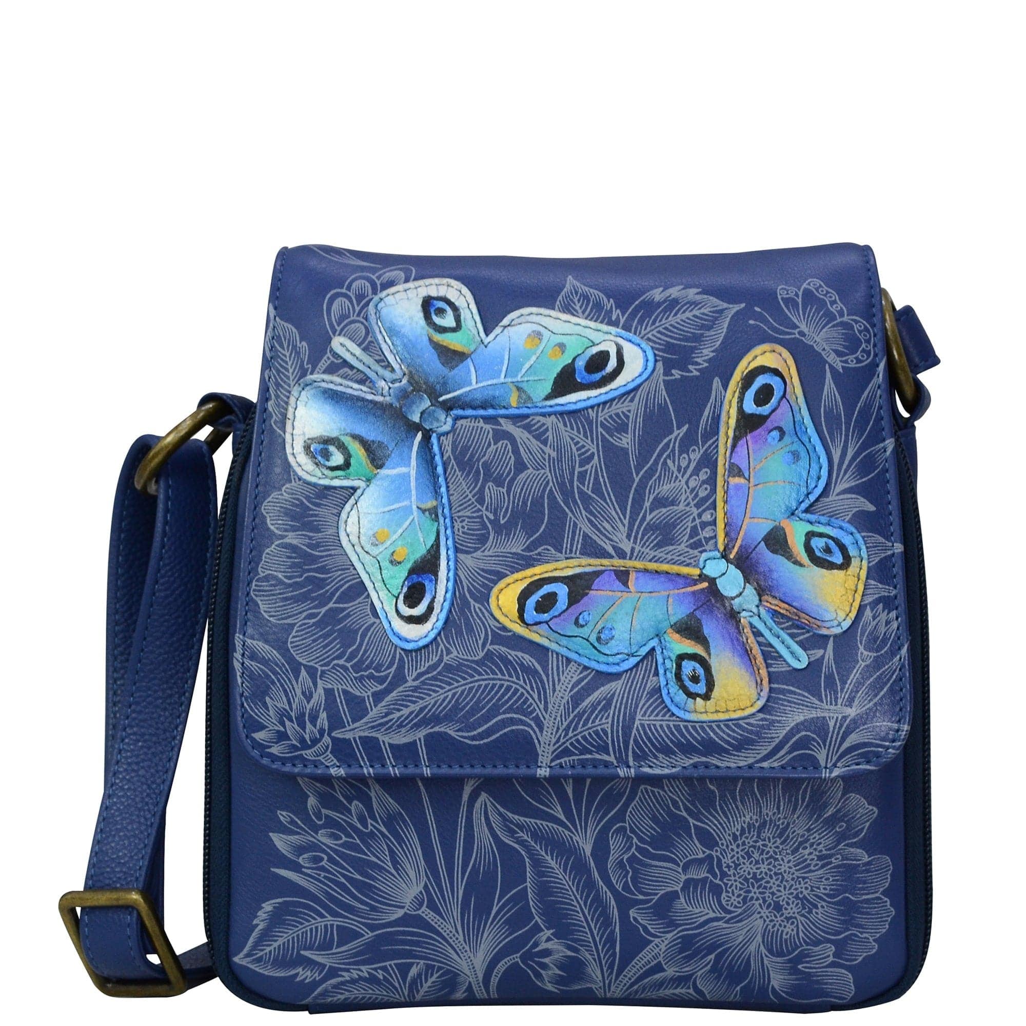 Anuschka style 483, Triple Compartment Crossbody Organizer. Garden of Delight Painting in Blue Color.Featuring many credit card slots, One ID window and two pen holders.