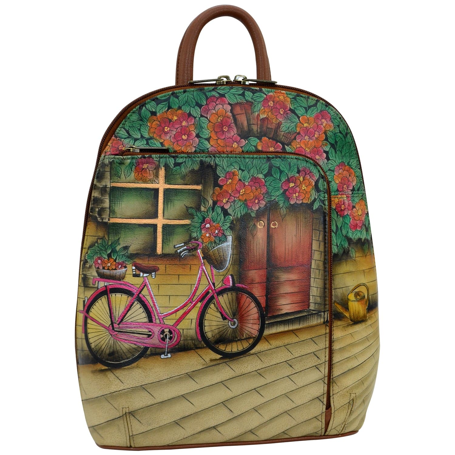 Anuschka Style 487, handpainted Sling-Over Travel Backpack. Vintage Bike painting