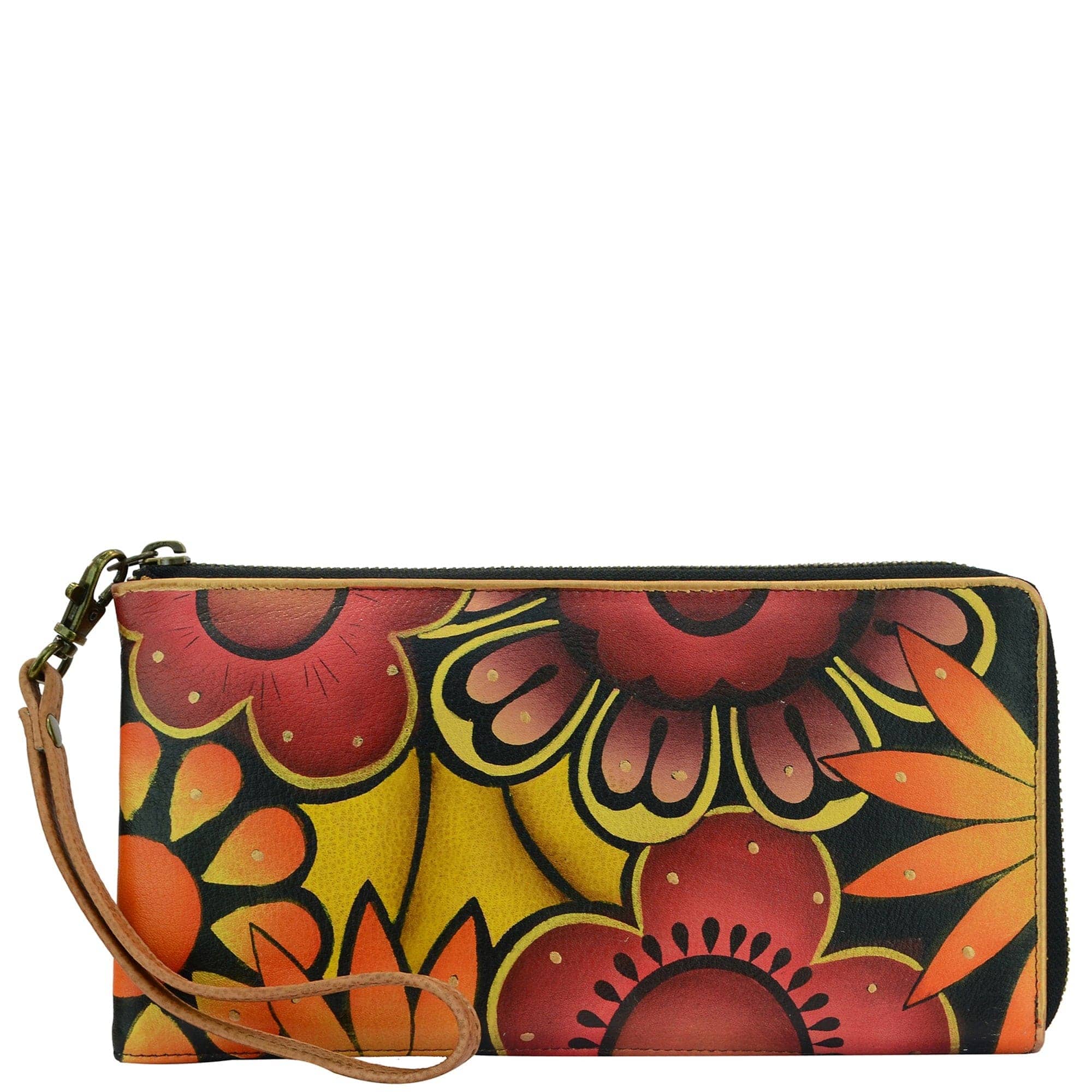 Anuschka Style 508, handpainted Zip Around Clutch Wristlet. Retro Bloom painting