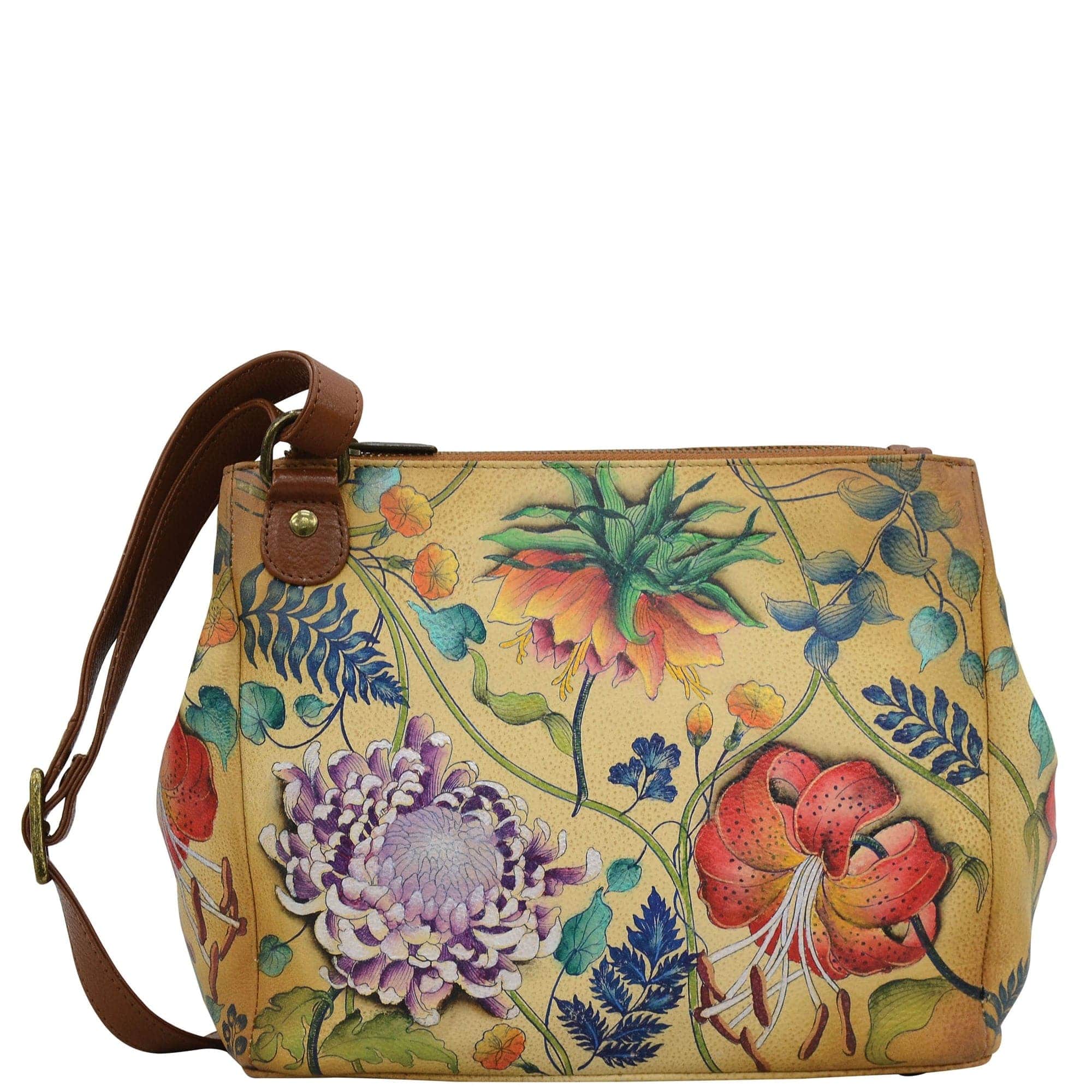 Anuschka Style 525, handpainted Triple Compartment Medium Crossbody With Adjustable Strap. Caribbean Garden painting
