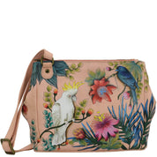Anuschka Style 525, handpainted Triple Compartment Medium Crossbody With Adjustable Strap. Cockatoo Sunrise painting