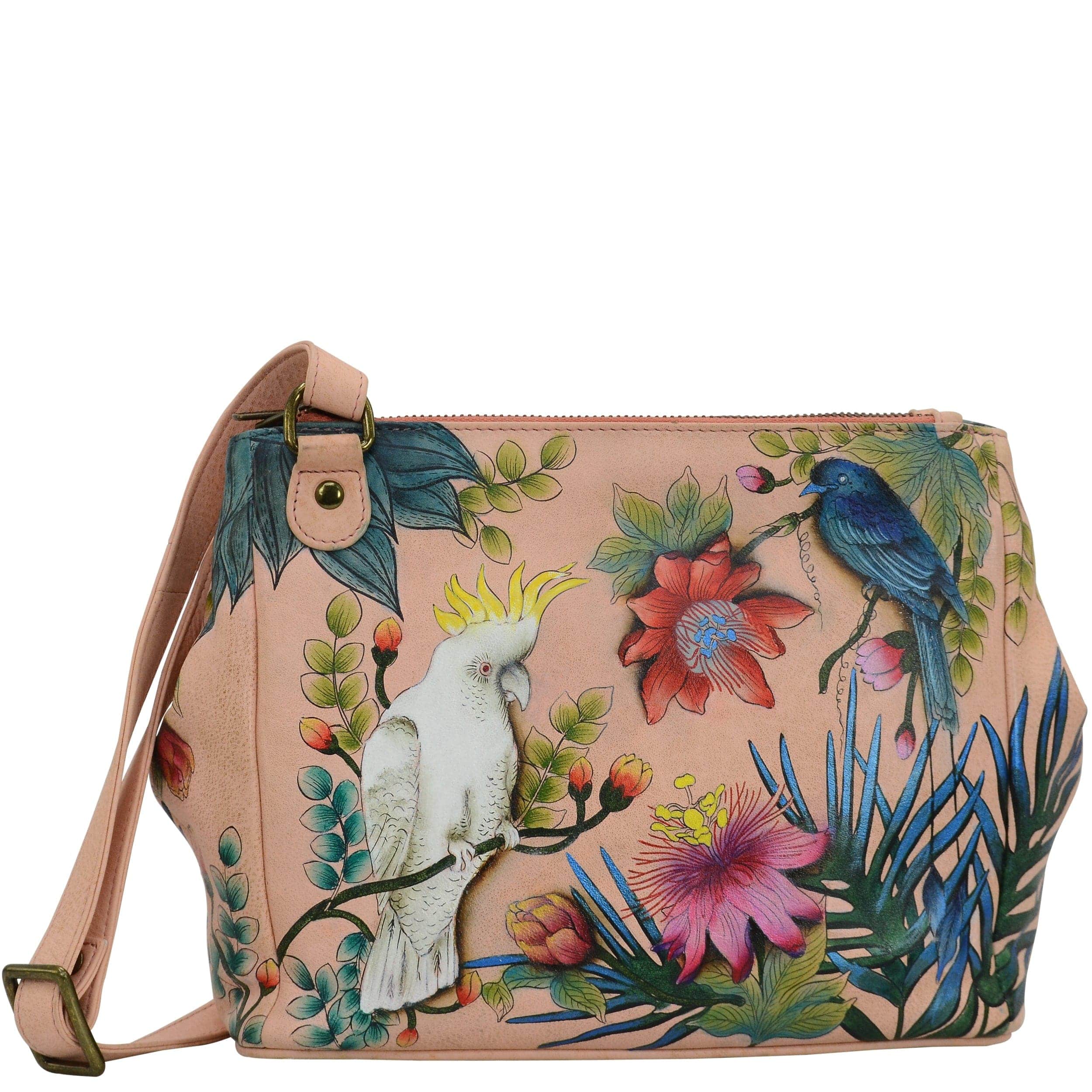 Anuschka Style 525, handpainted Triple Compartment Medium Crossbody With Adjustable Strap. Cockatoo Sunrise painting