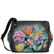 Anuschka Style 525, handpainted Triple Compartment Medium Crossbody With Adjustable Strap. Vintage Bouquet painting