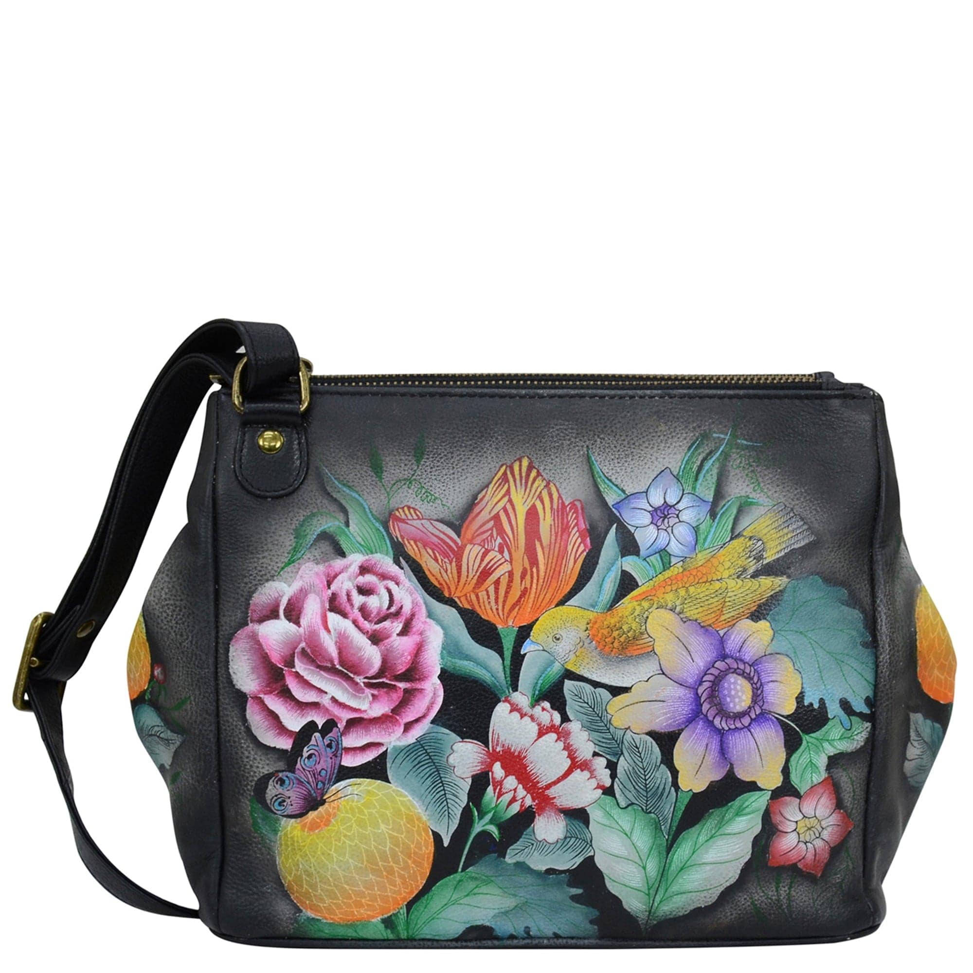 Anuschka Style 525, handpainted Triple Compartment Medium Crossbody With Adjustable Strap. Vintage Bouquet painting
