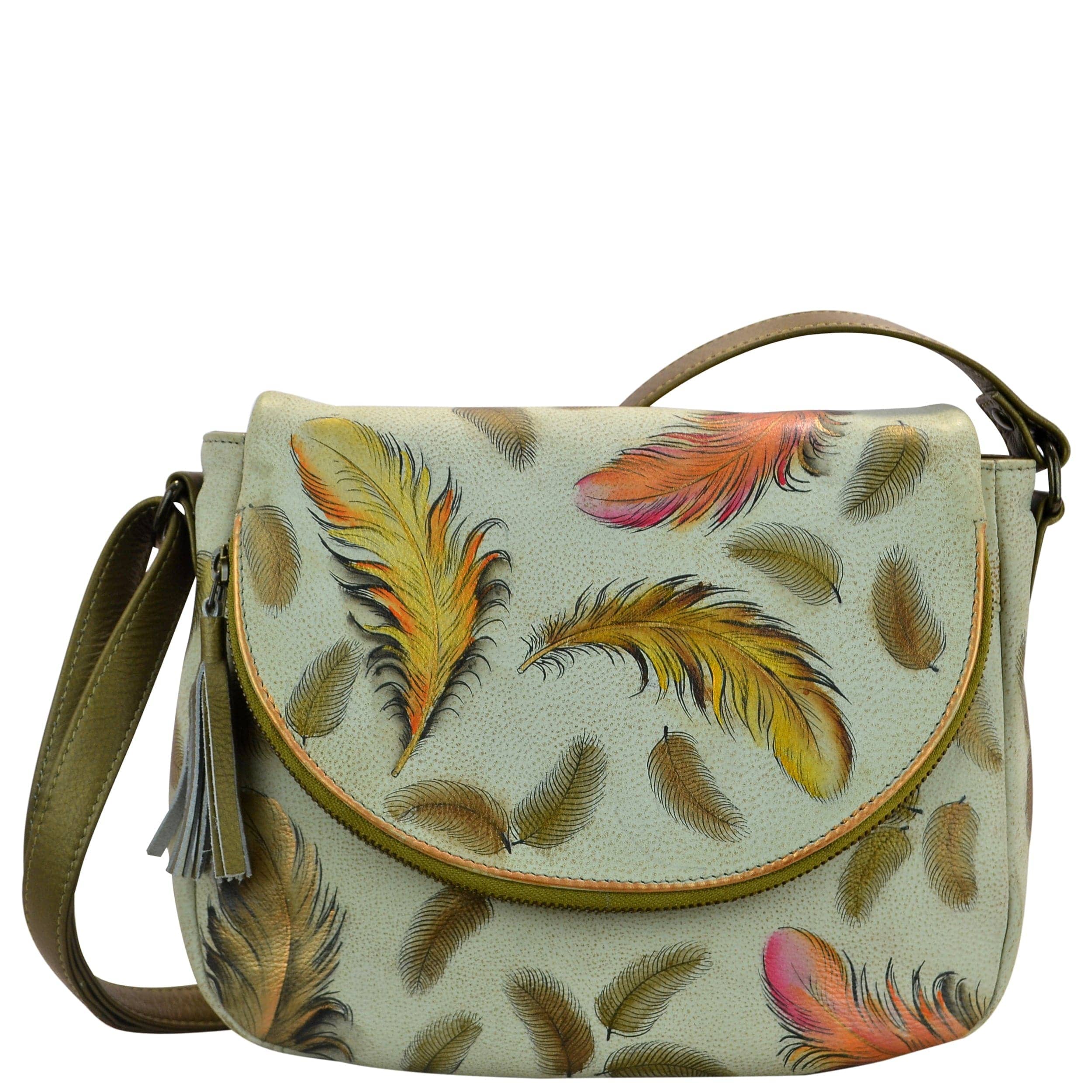Anuschka Style 547, handpainted Flap-Over Convertible. Floating Feathers Ivory painting