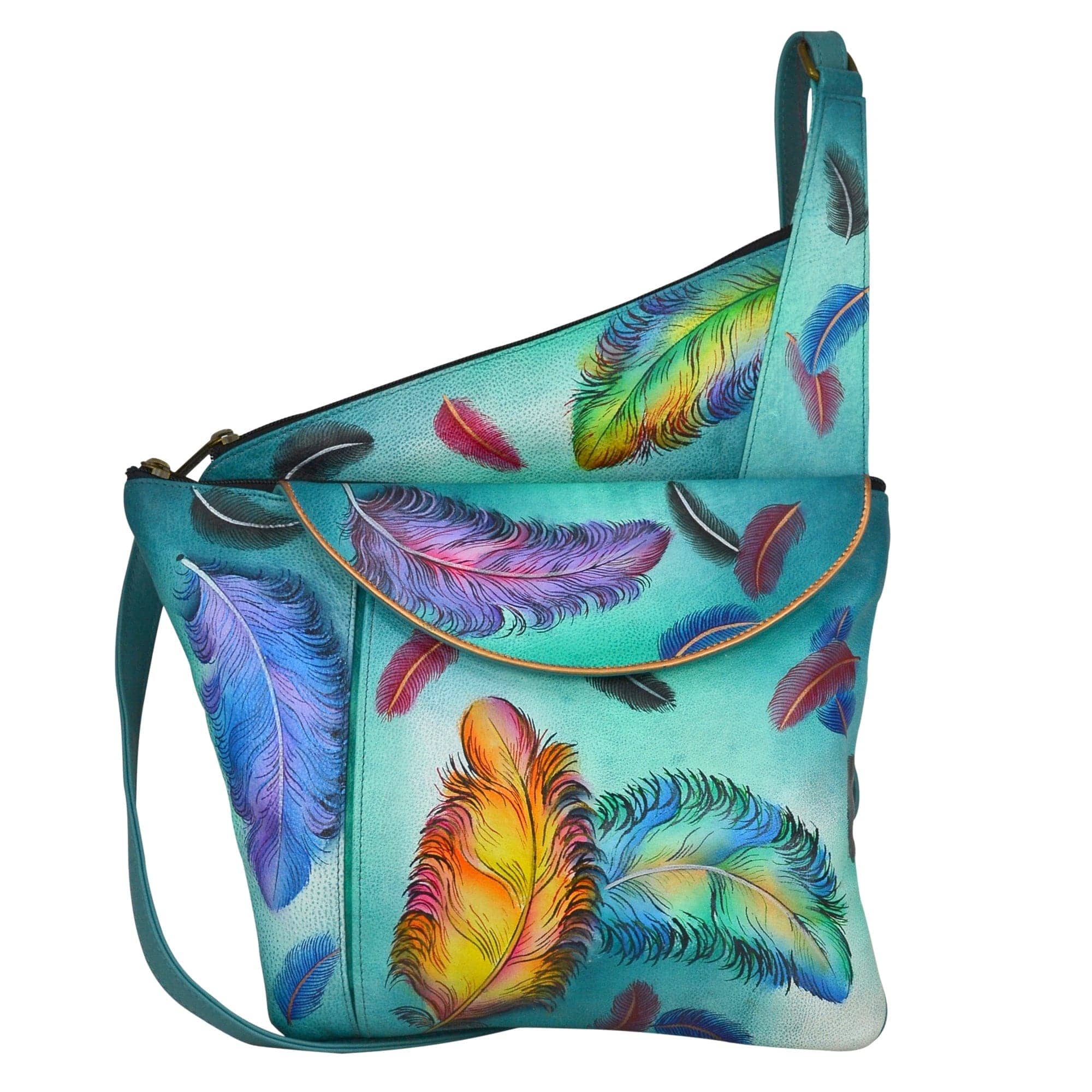 Anuschka Style 552, handpainted Asymmetric Slim Crossbody. Floating Feathers painting