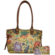 Anuschka Style 569, handpainted Double Handle Large Tote With Magnetic Closure. Caribbean Garden painting