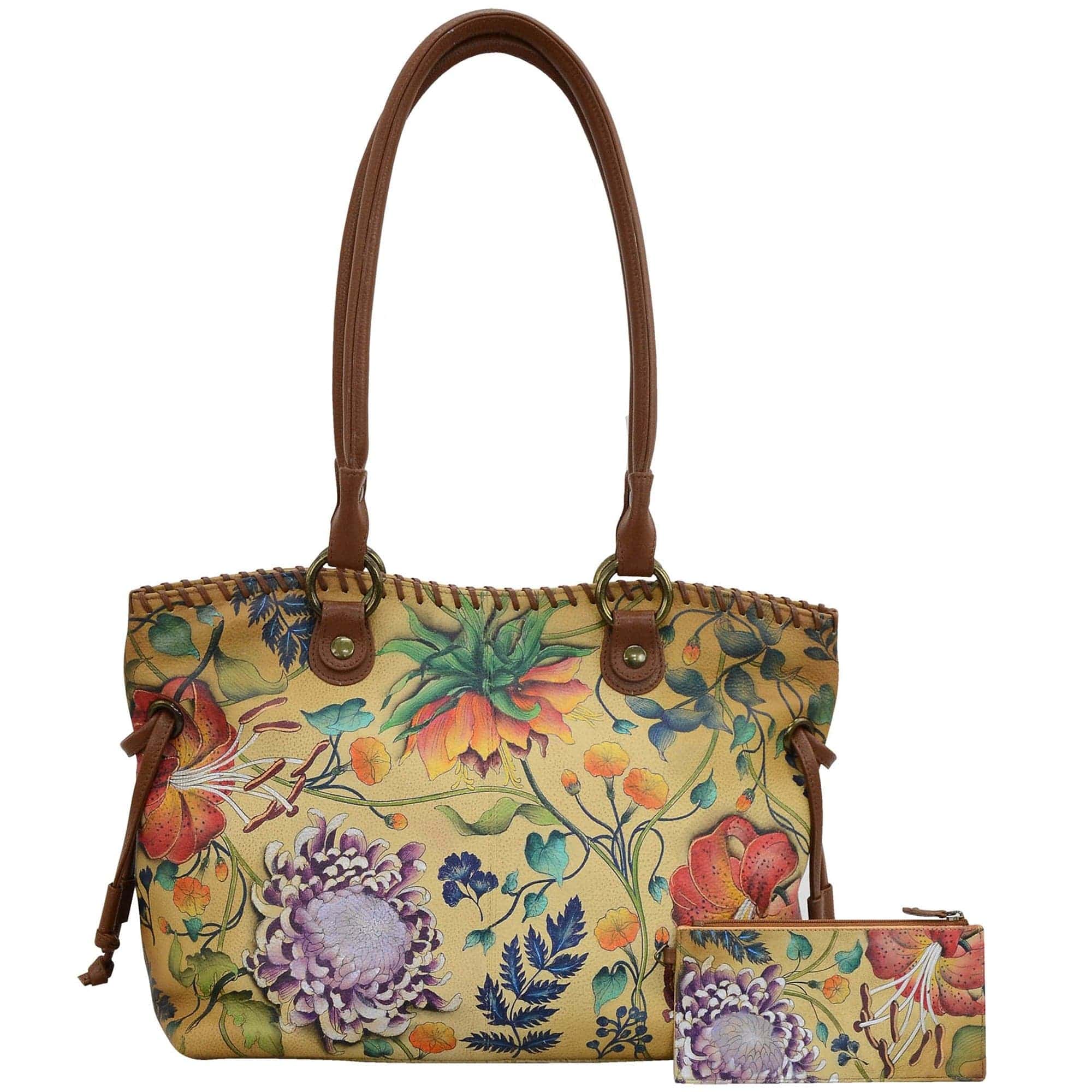 Anuschka Style 569, handpainted Double Handle Large Tote With Magnetic Closure. Caribbean Garden painting