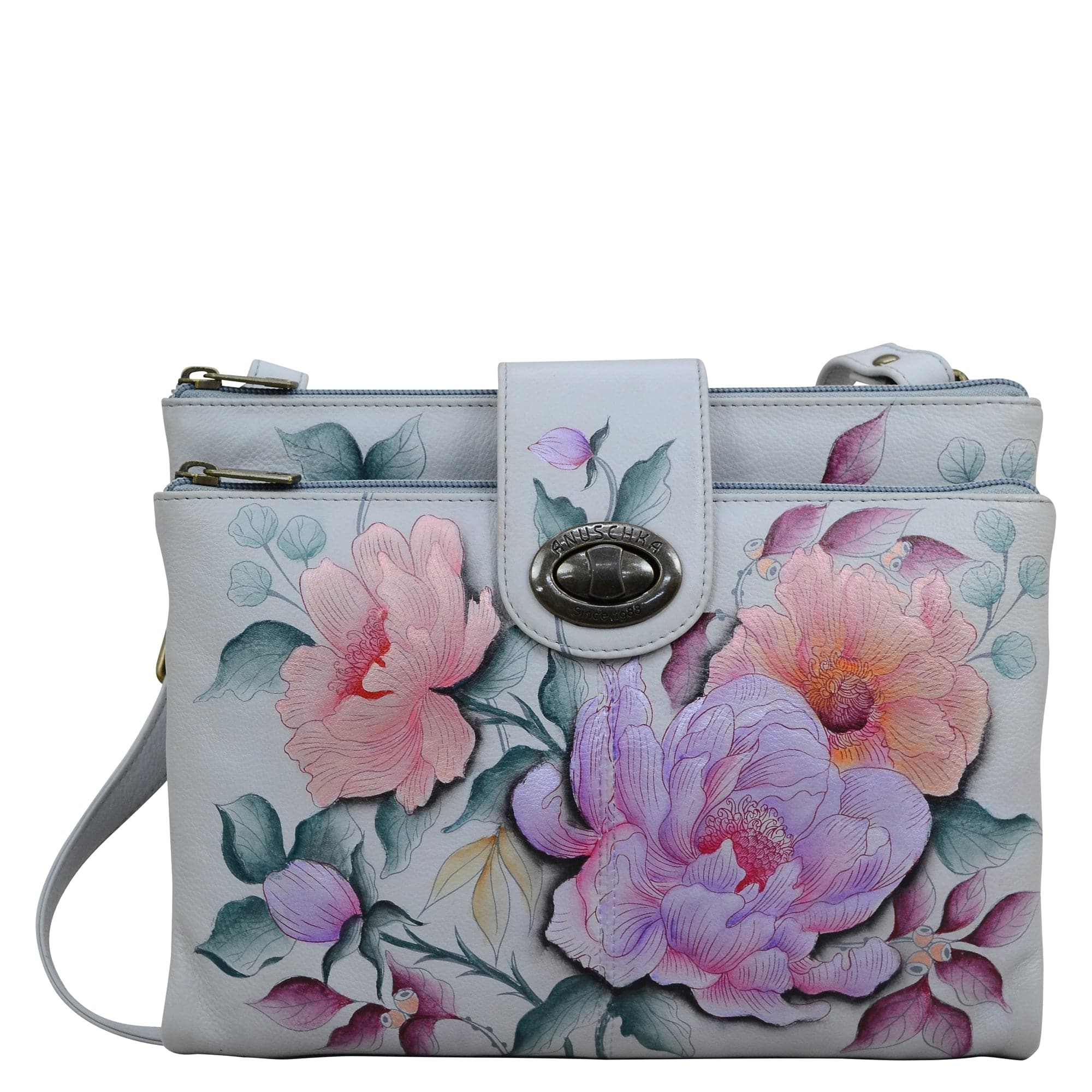 Anuschka Style 595, handpainted RFID Blocking Triple Compartment Crossbody Organizer. Bel Fiori painting