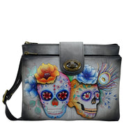 Anuschka Style 595, handpainted RFID Blocking Triple Compartment Crossbody Organizer. Calaveras de Azúcar painting
