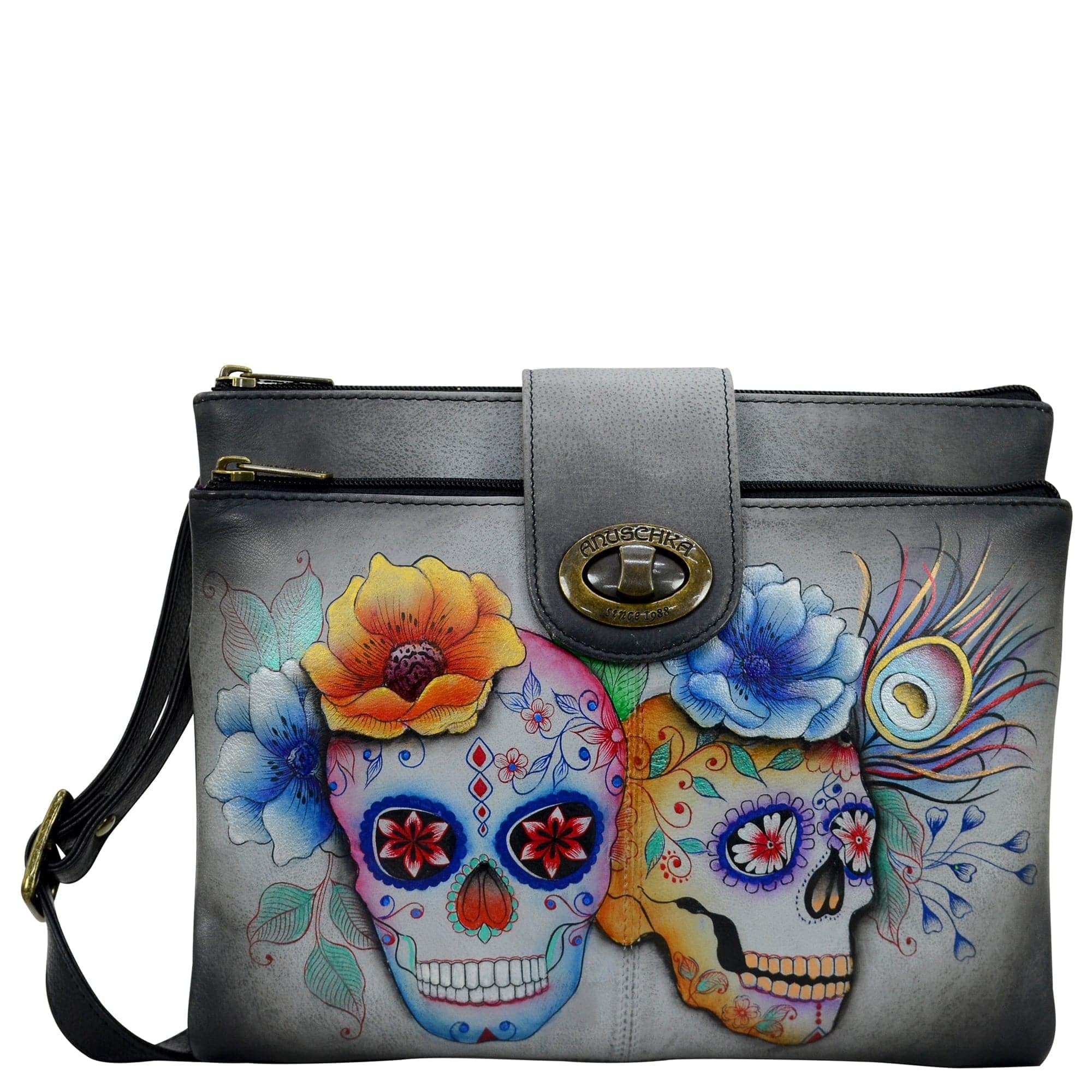 Anuschka Style 595, handpainted RFID Blocking Triple Compartment Crossbody Organizer. Calaveras de Azúcar painting