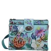 Anuschka Style 595, handpainted RFID Blocking Triple Compartment Crossbody Organizer. Jardin Bleu painting