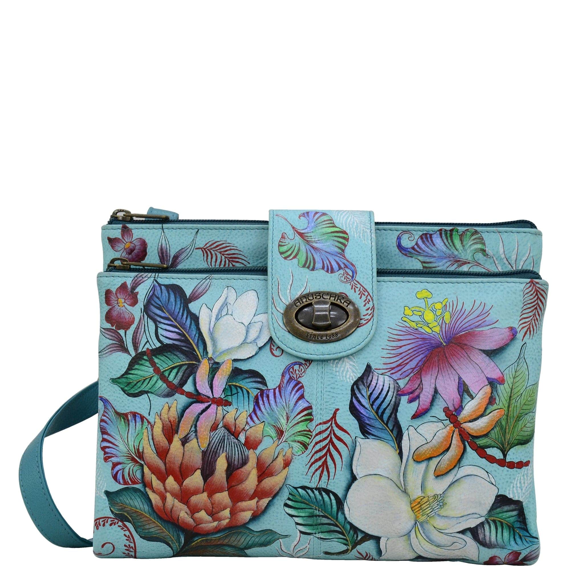 Anuschka Style 595, handpainted RFID Blocking Triple Compartment Crossbody Organizer. Jardin Bleu painting