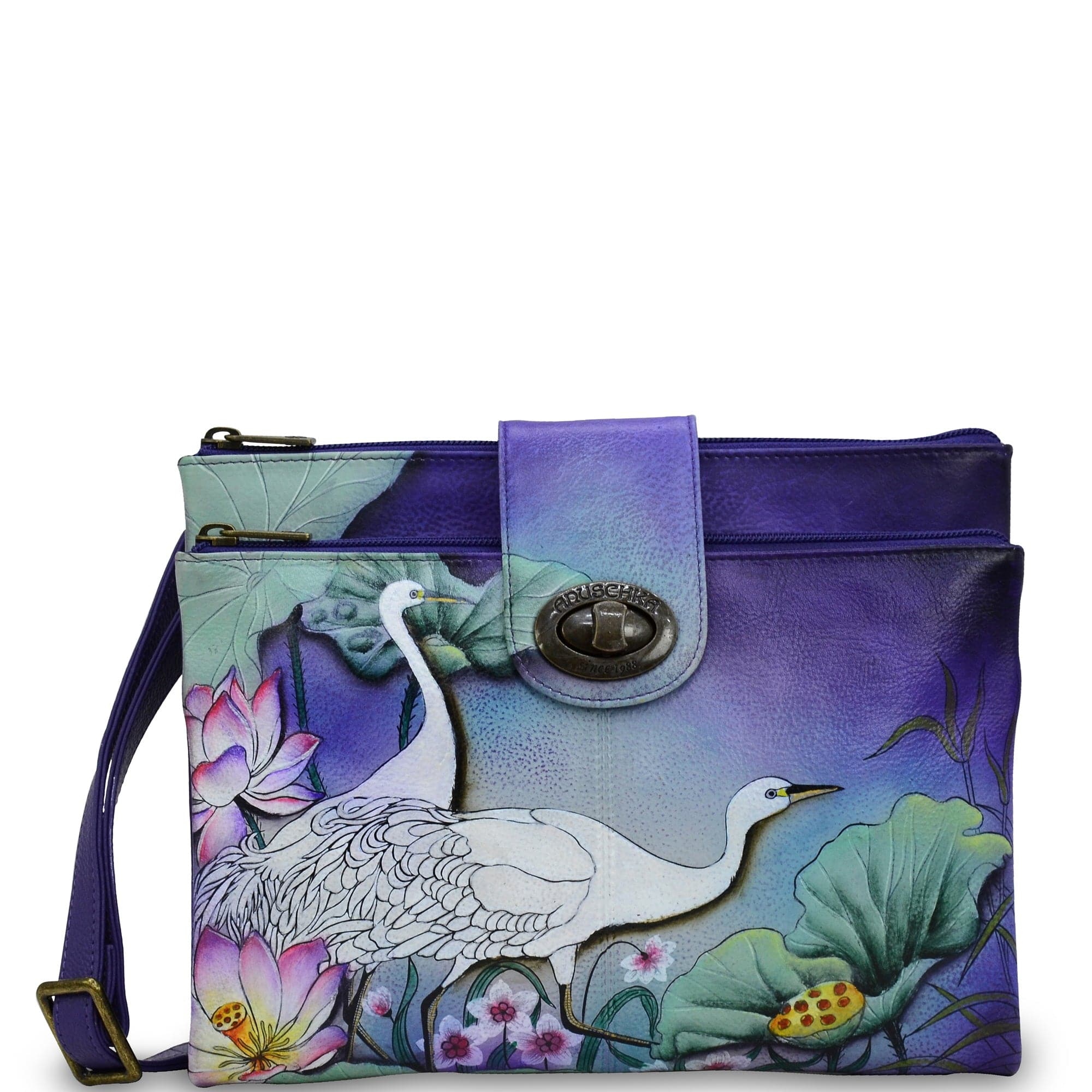 Anuschka Style 595, handpainted RFID Blocking Triple Compartment Crossbody Organizer. Peaceful Garden painting