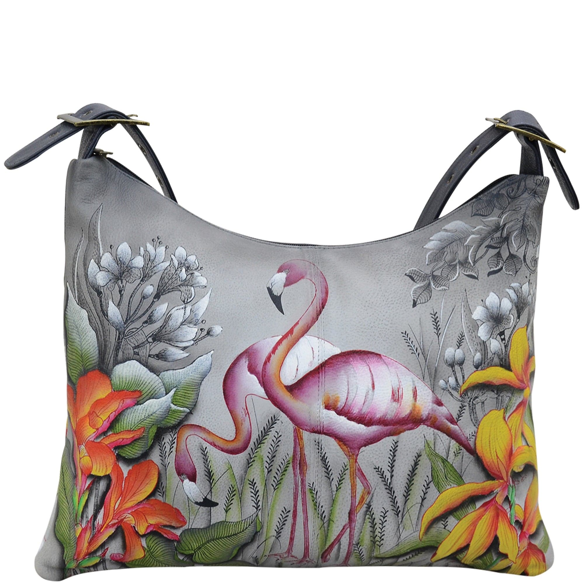 Anuschka Style 605, handpainted Slim Large Hobo. Flamboyant Flamingos painting